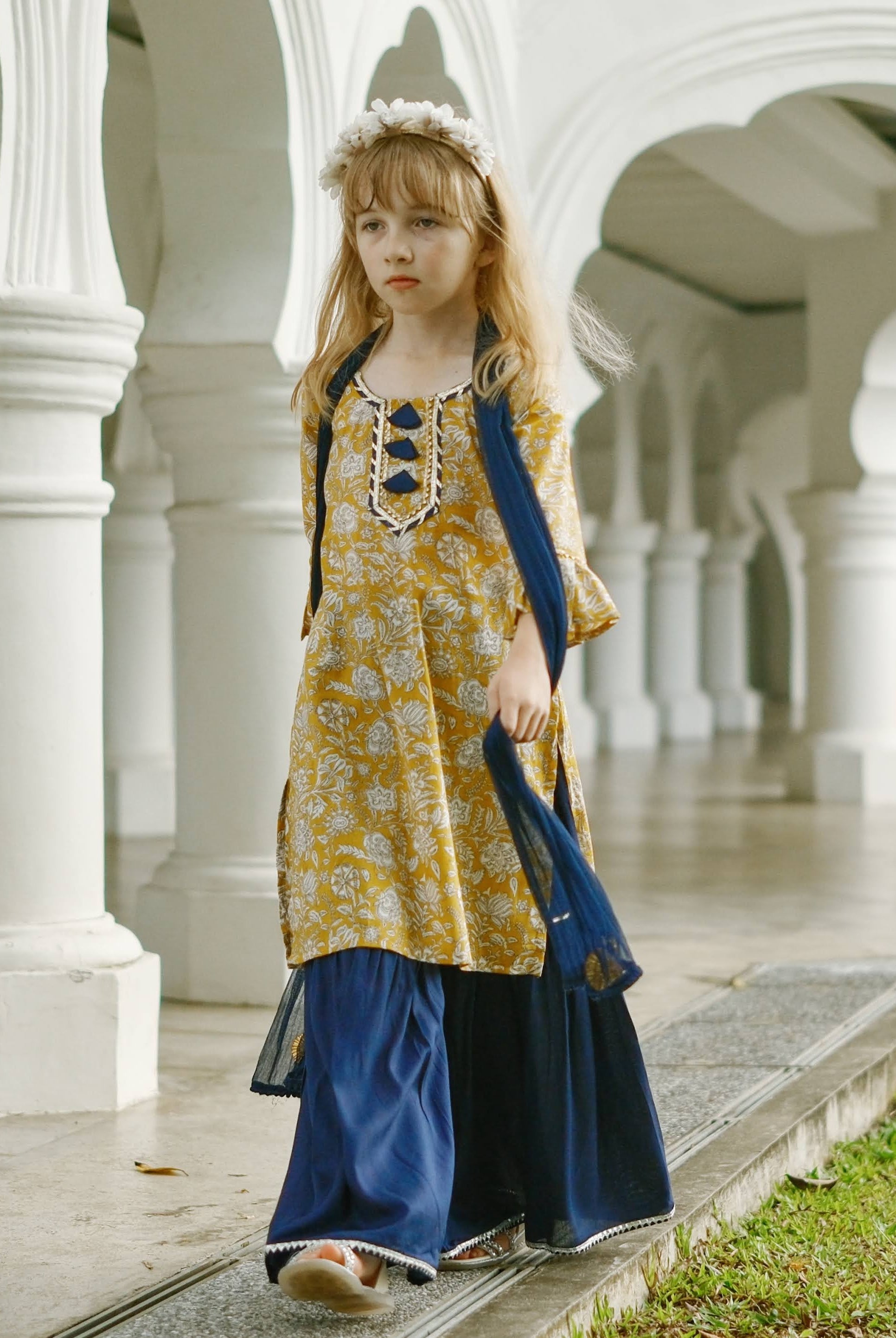 Mustard Floral Girls Kurti Sharara Set in Yellow & Blue Nimbu Singapore