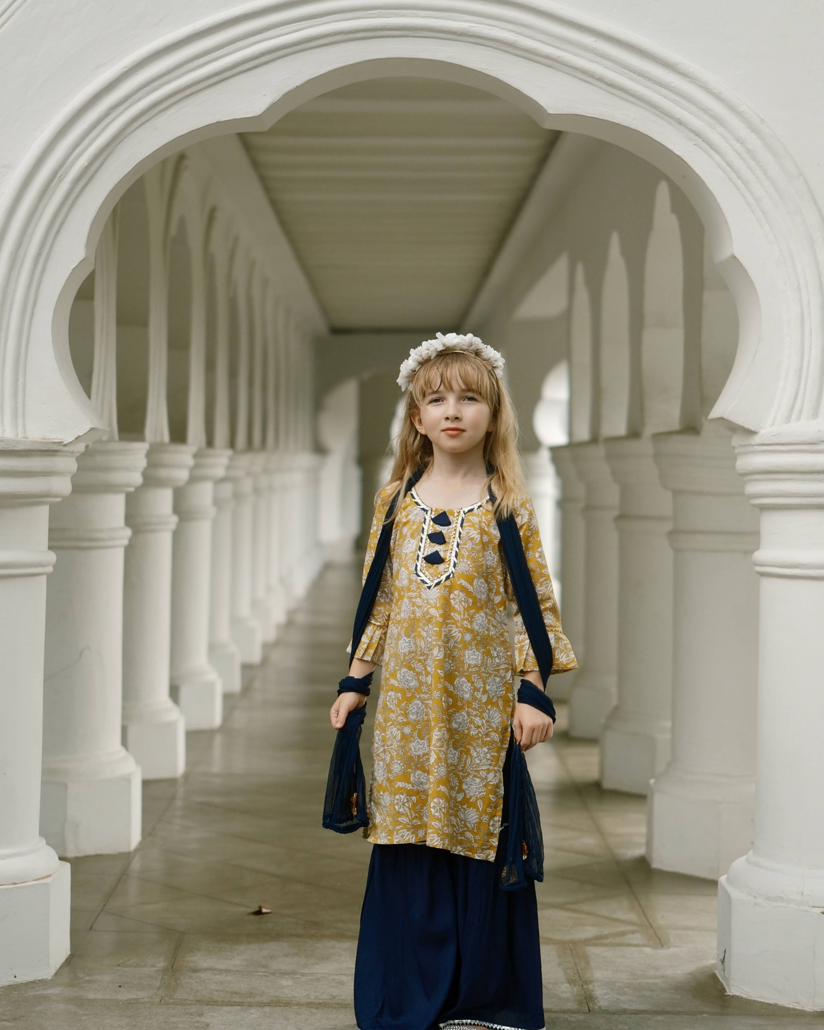 Mustard Floral Girls Kurti Sharara Set in Yellow & Blue indian traditional clothes Singapore
