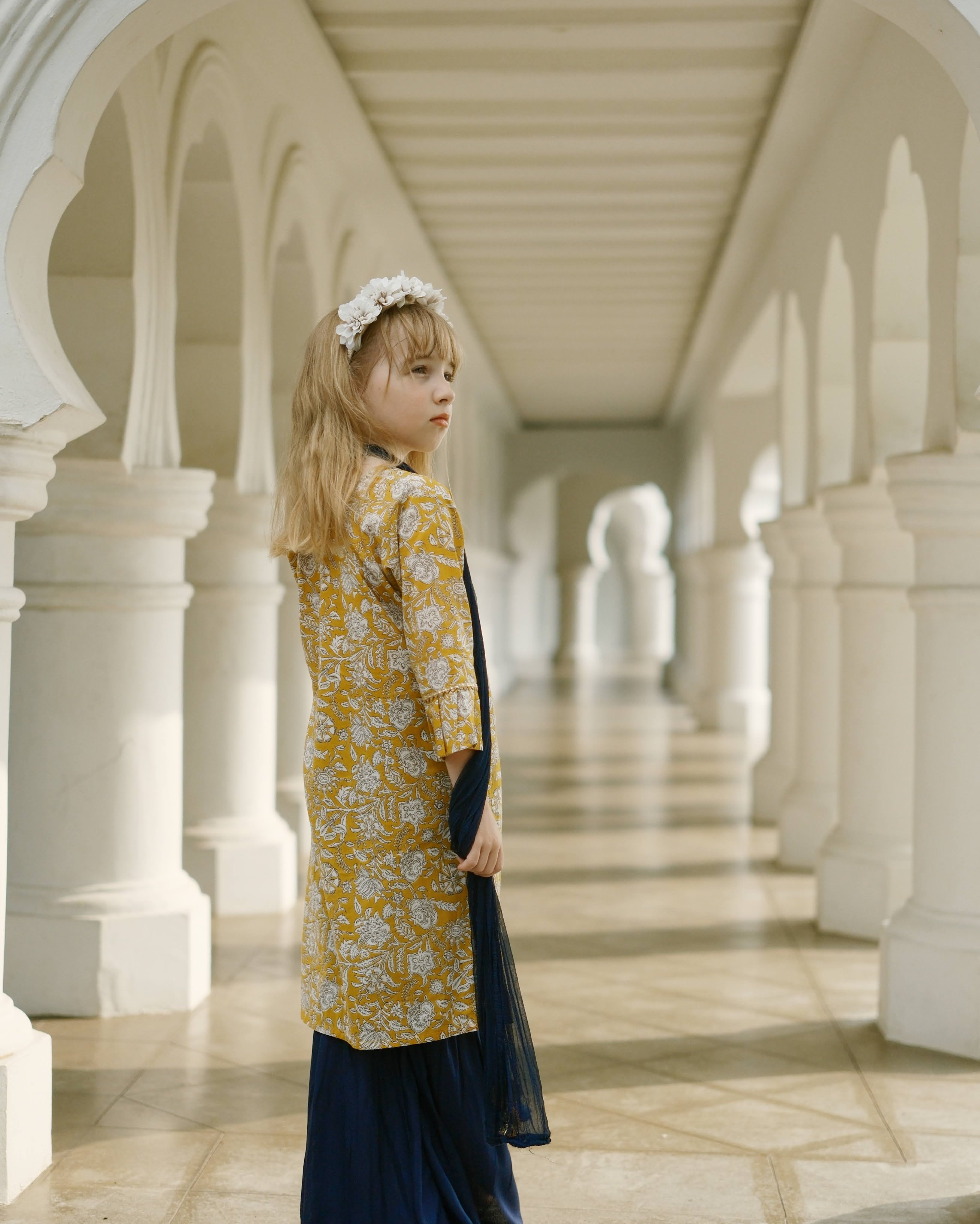 Mustard Floral Girls Kurti Sharara Set in Yellow & Blue Nimbu Singapore