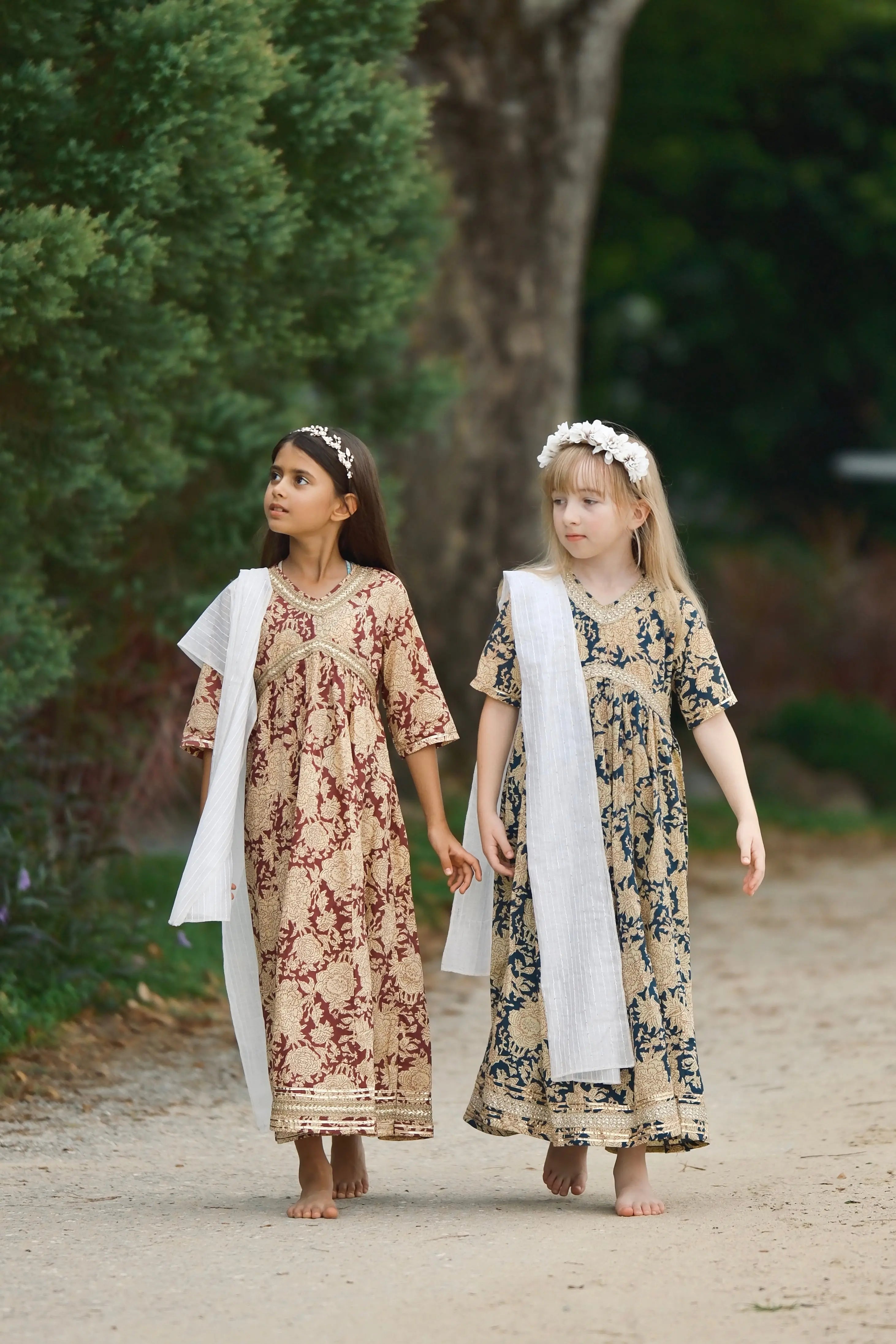 Aishara Anarkali Gown Dress in Maroon & Beige Block Print Nimbu Kids