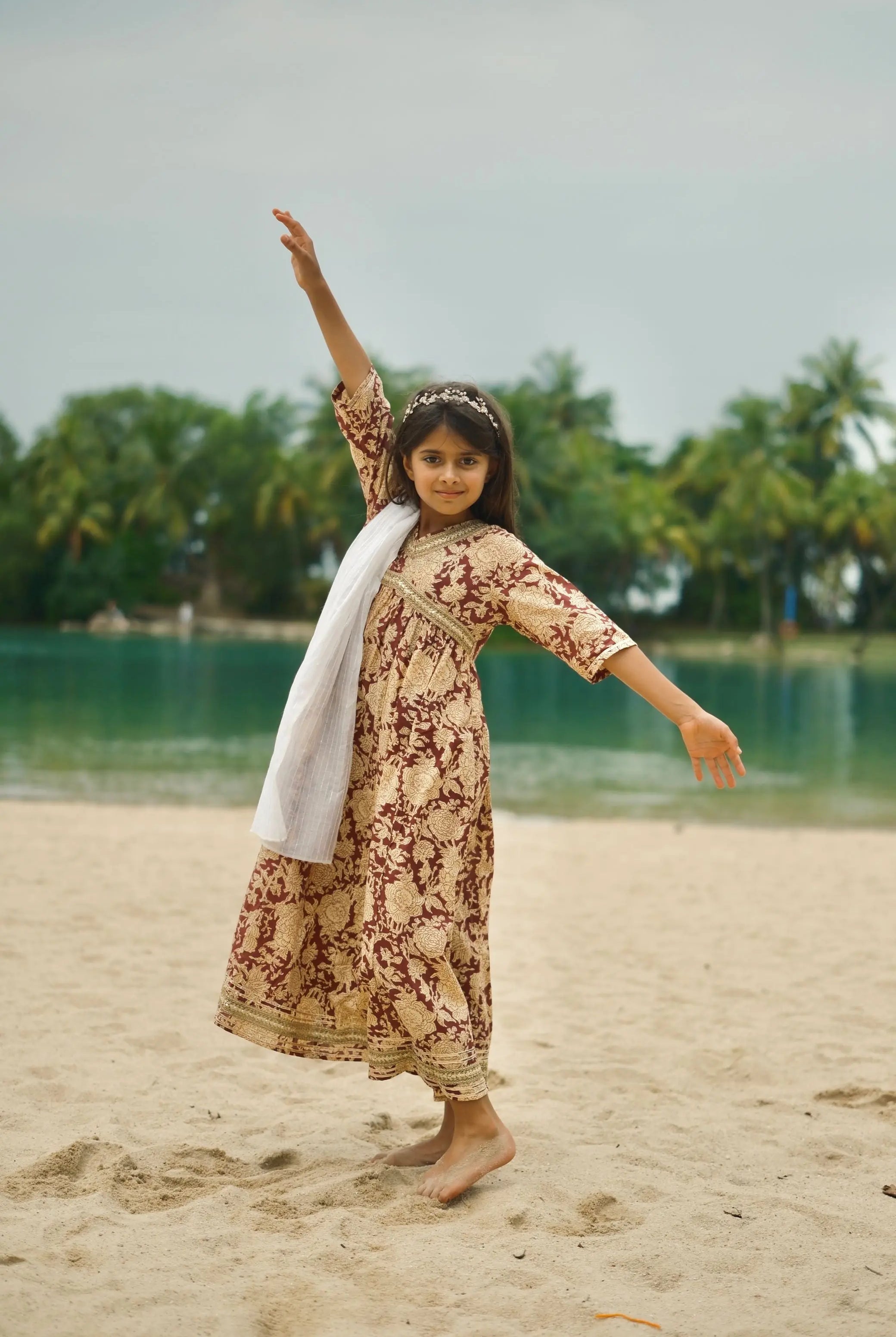Aishara Anarkali Gown Dress in Maroon & Beige Block Print Nimbu Kids