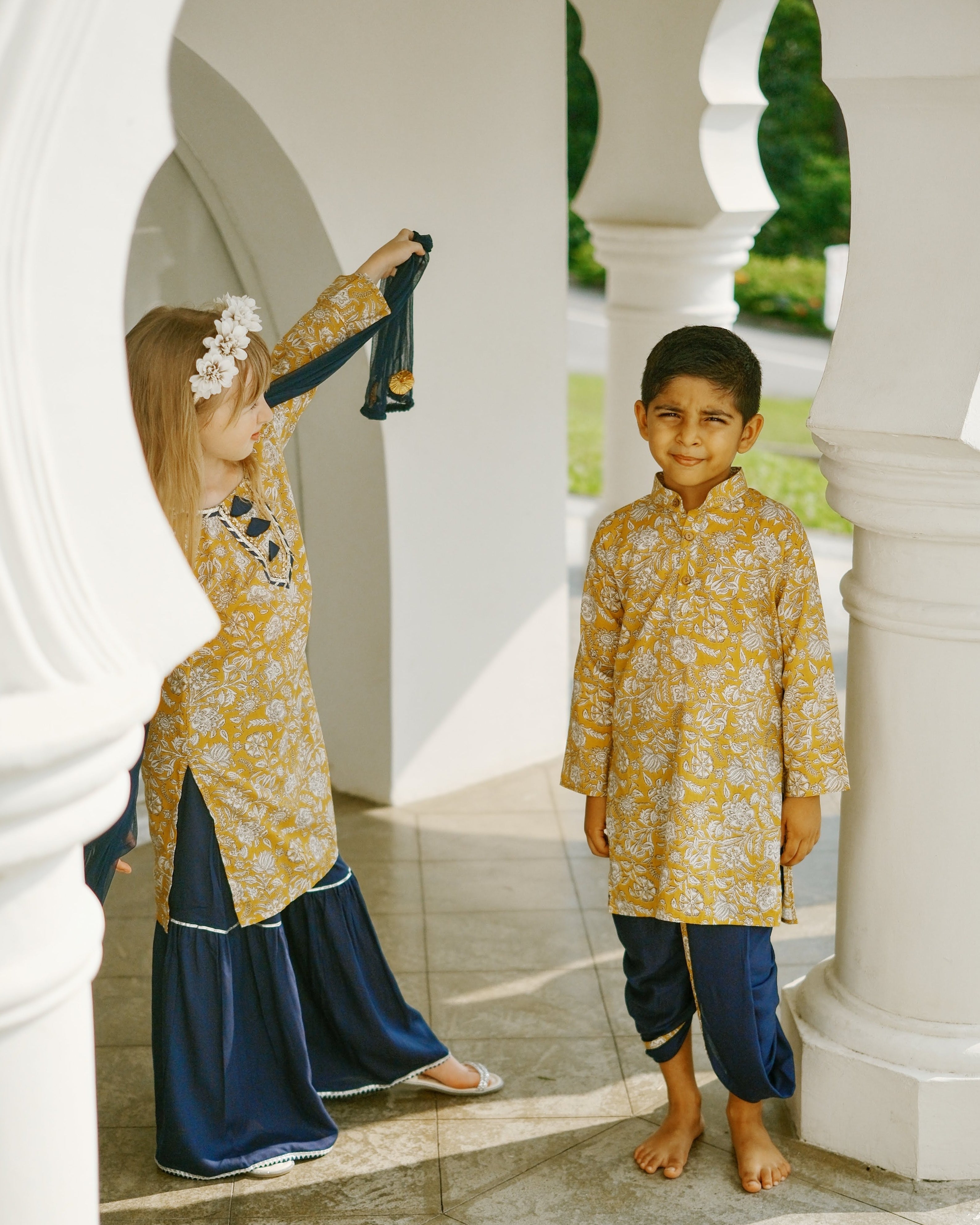 Mustard Floral Boys Kurta Dhoti matching with girls kurti in Yellow & Blue Nimbu Singapore