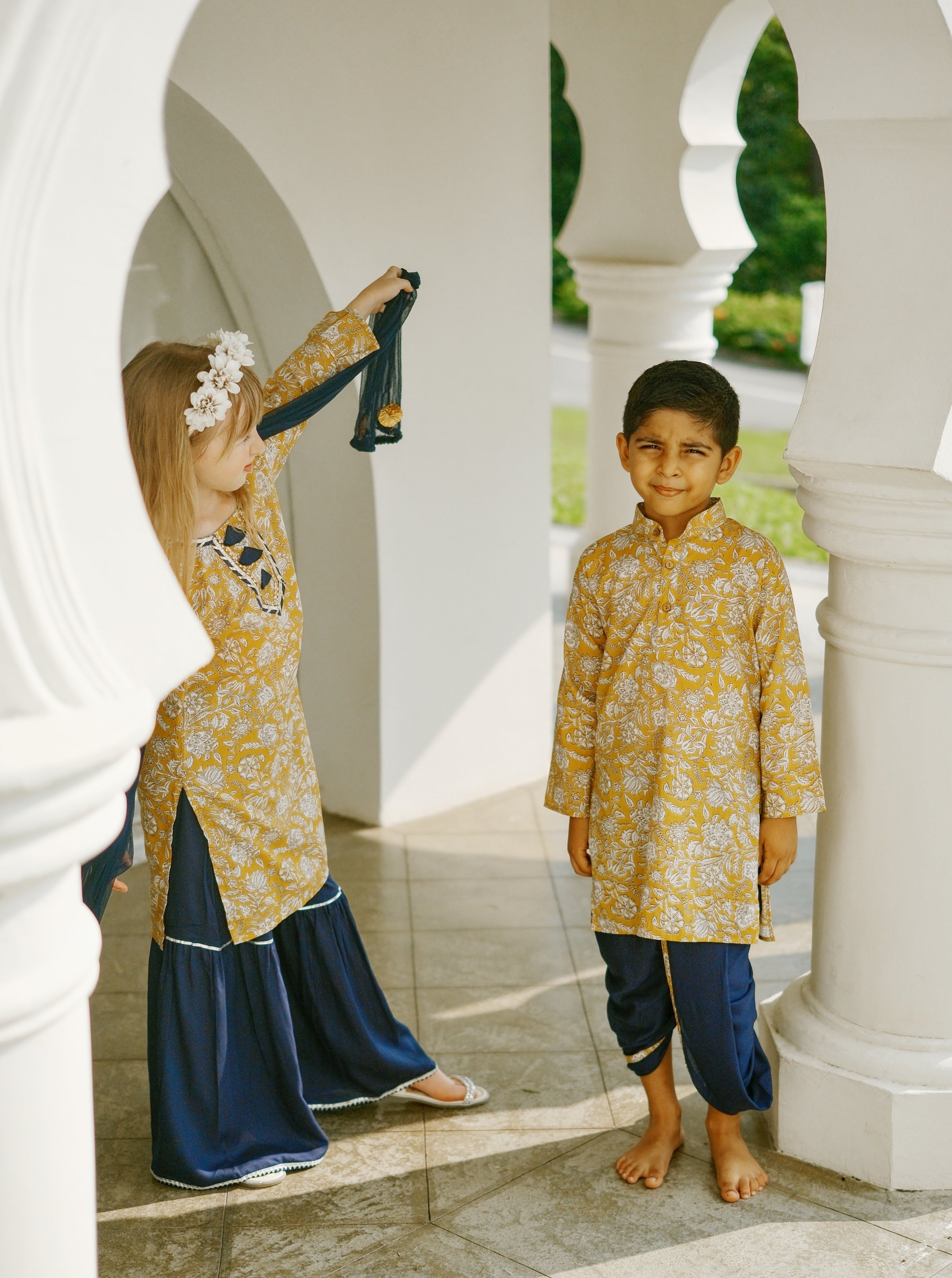 Mustard Floral Boys Kurta Dhoti matching with girls kurti in Yellow & Blue Nimbu Singapore