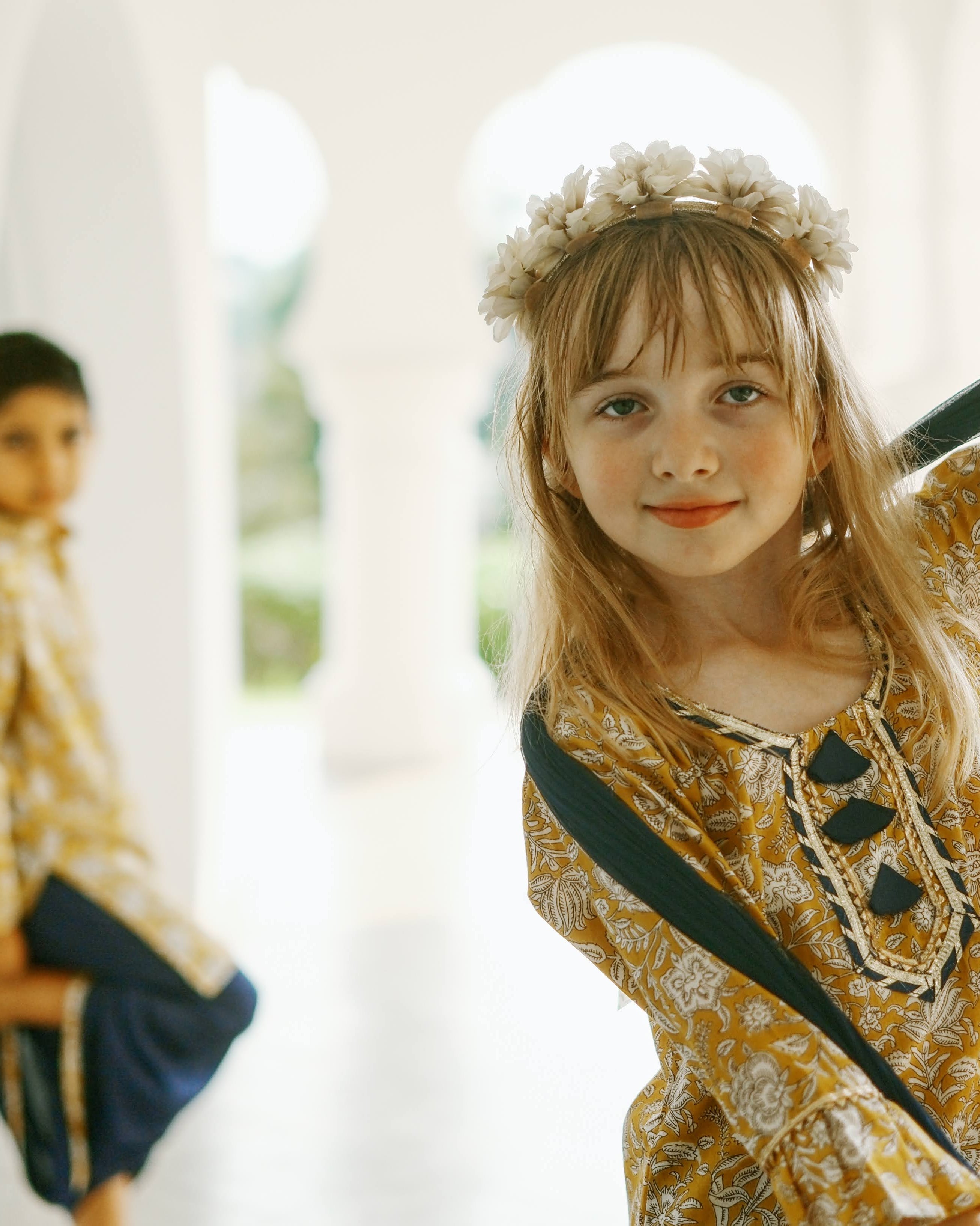Mustard Floral Girls Kurti Sharara Set in Yellow & Blue matching with boys kurta Nimbu Singapore