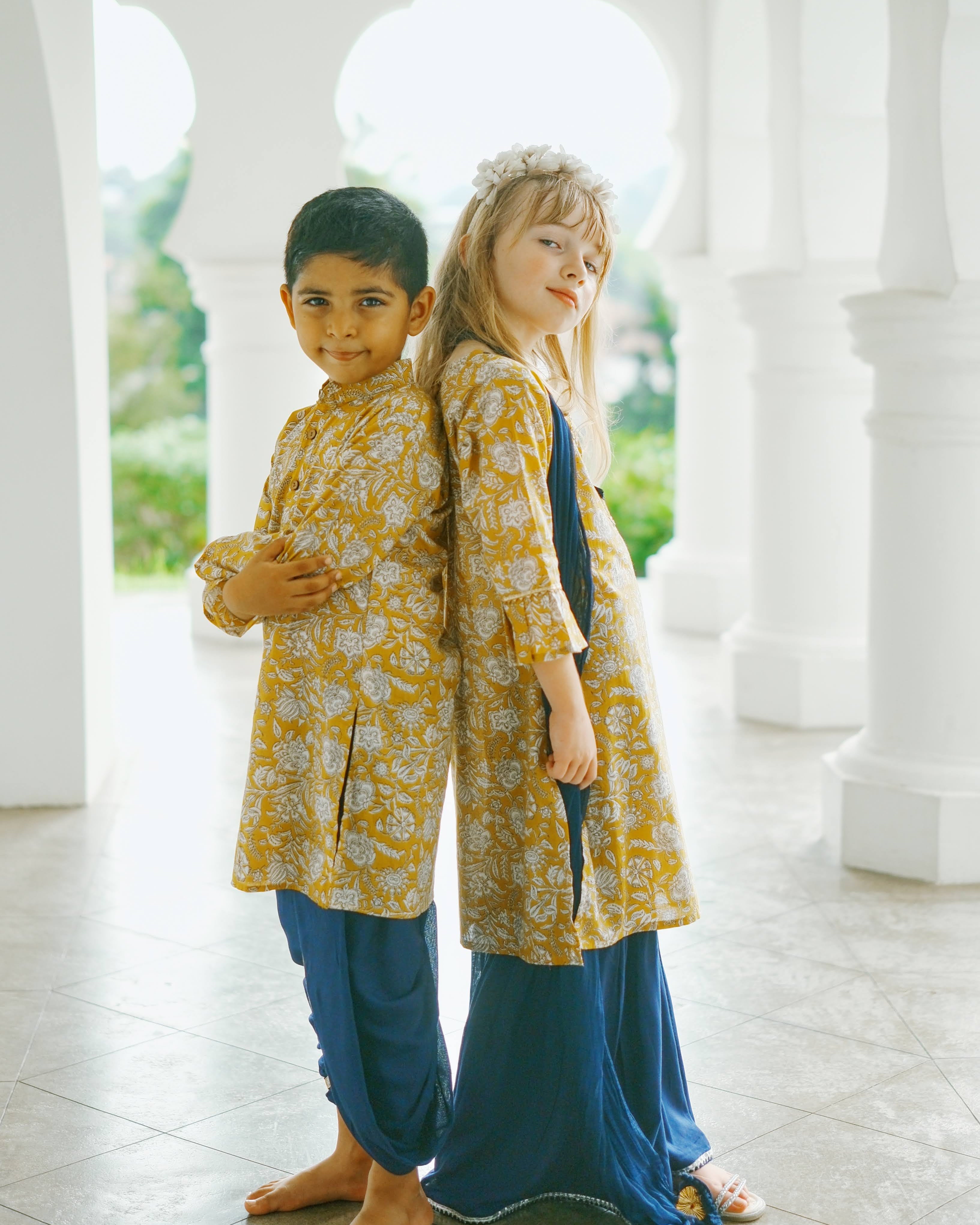 Mustard Floral Girls Kurti Sharara Set in Yellow & Blue matching with boys kurtaNimbu Singapore