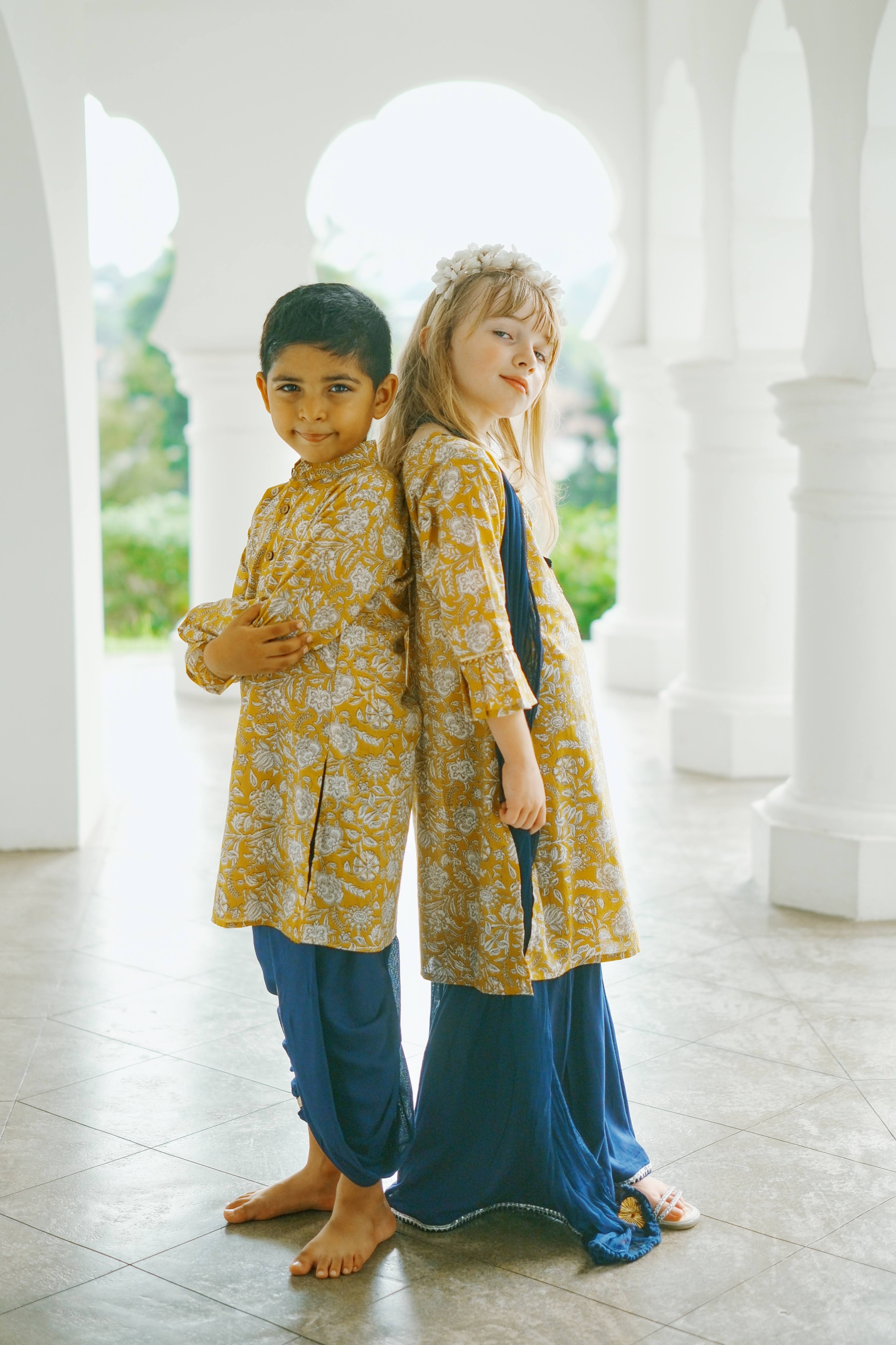Mustard Floral Girls Kurti Sharara Set in Yellow & Blue matching with boys kurtaNimbu Singapore