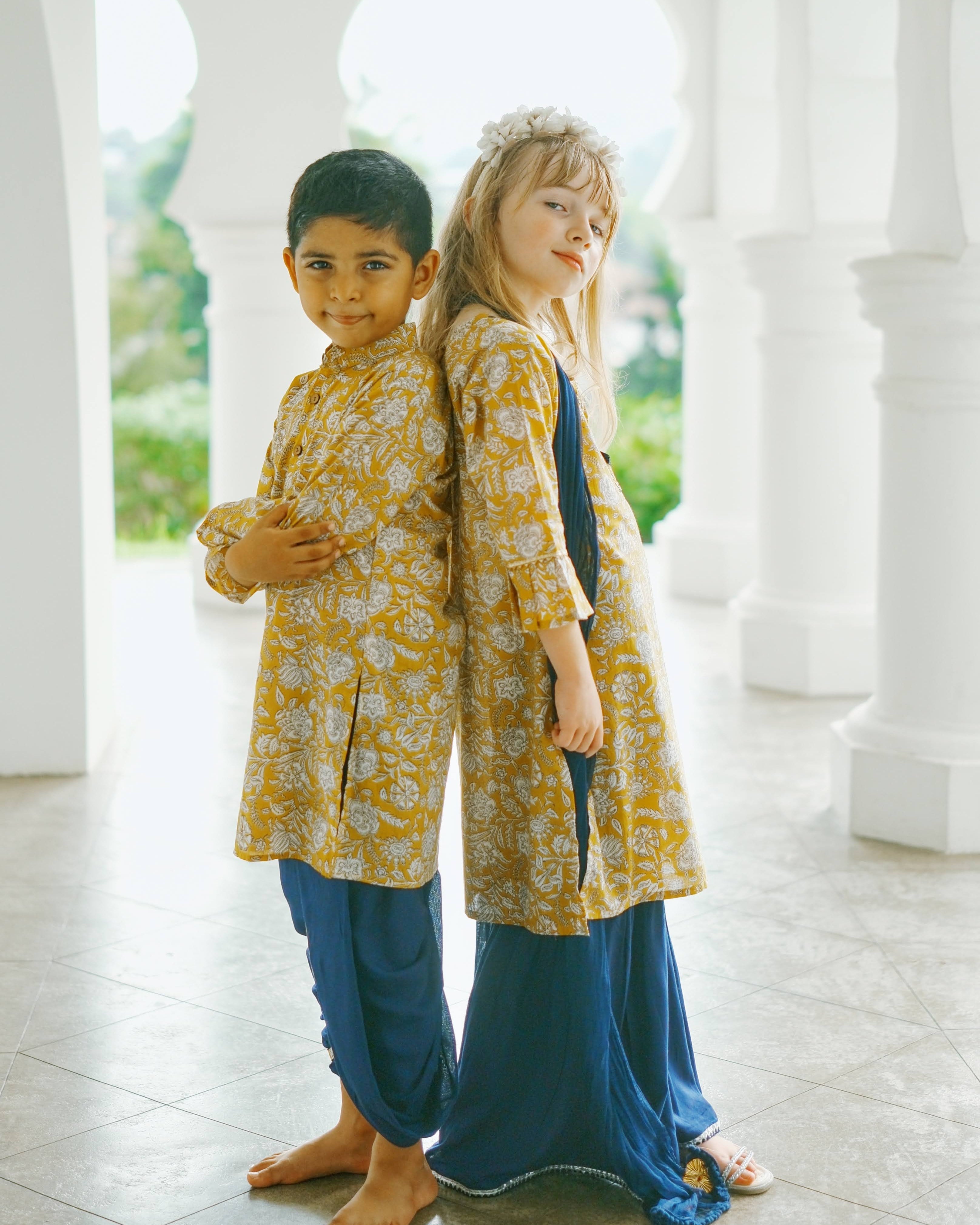 Mustard Floral Boys Kurta Dhoti match with girls kurti in Yellow & Blue Nimbu Singapore