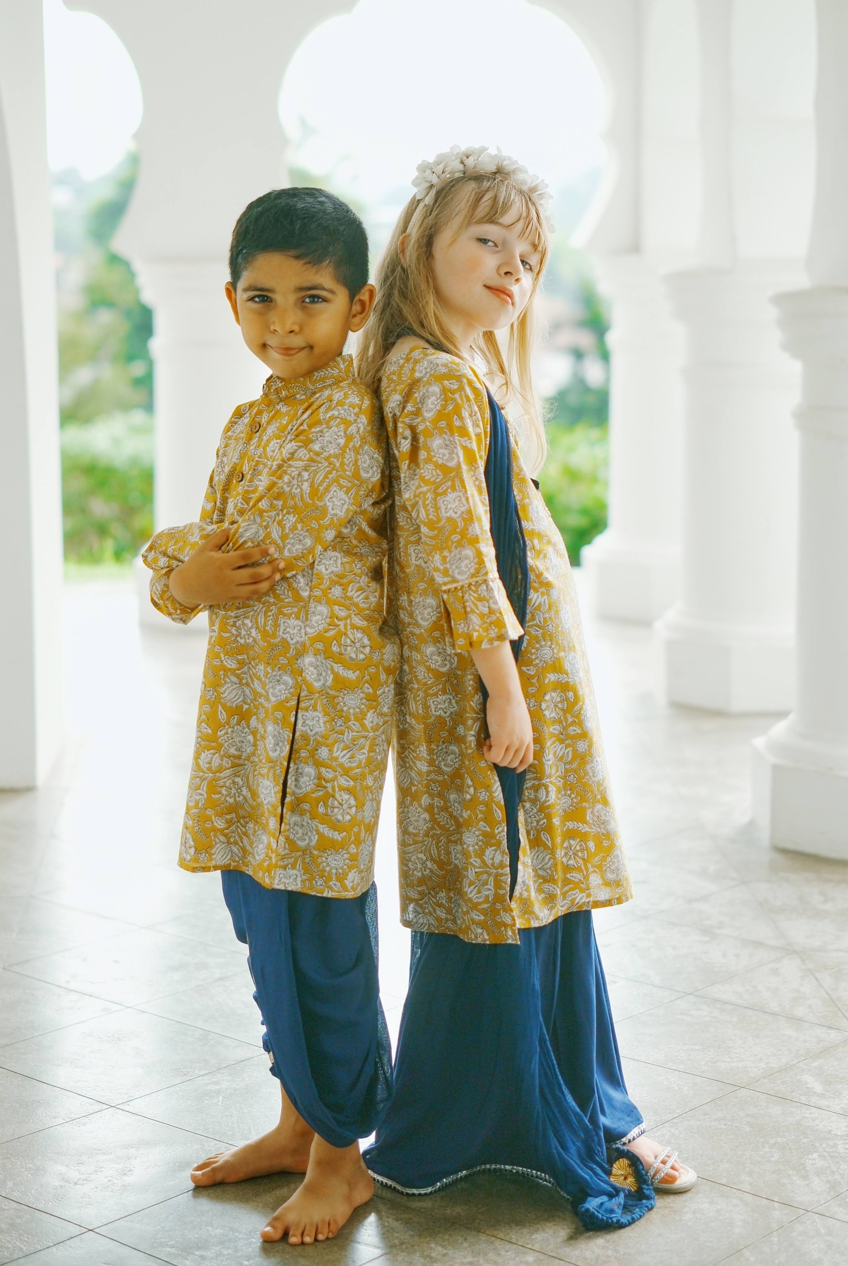 Mustard Floral Boys Kurta Dhoti match with girls kurti in Yellow & Blue Nimbu Singapore