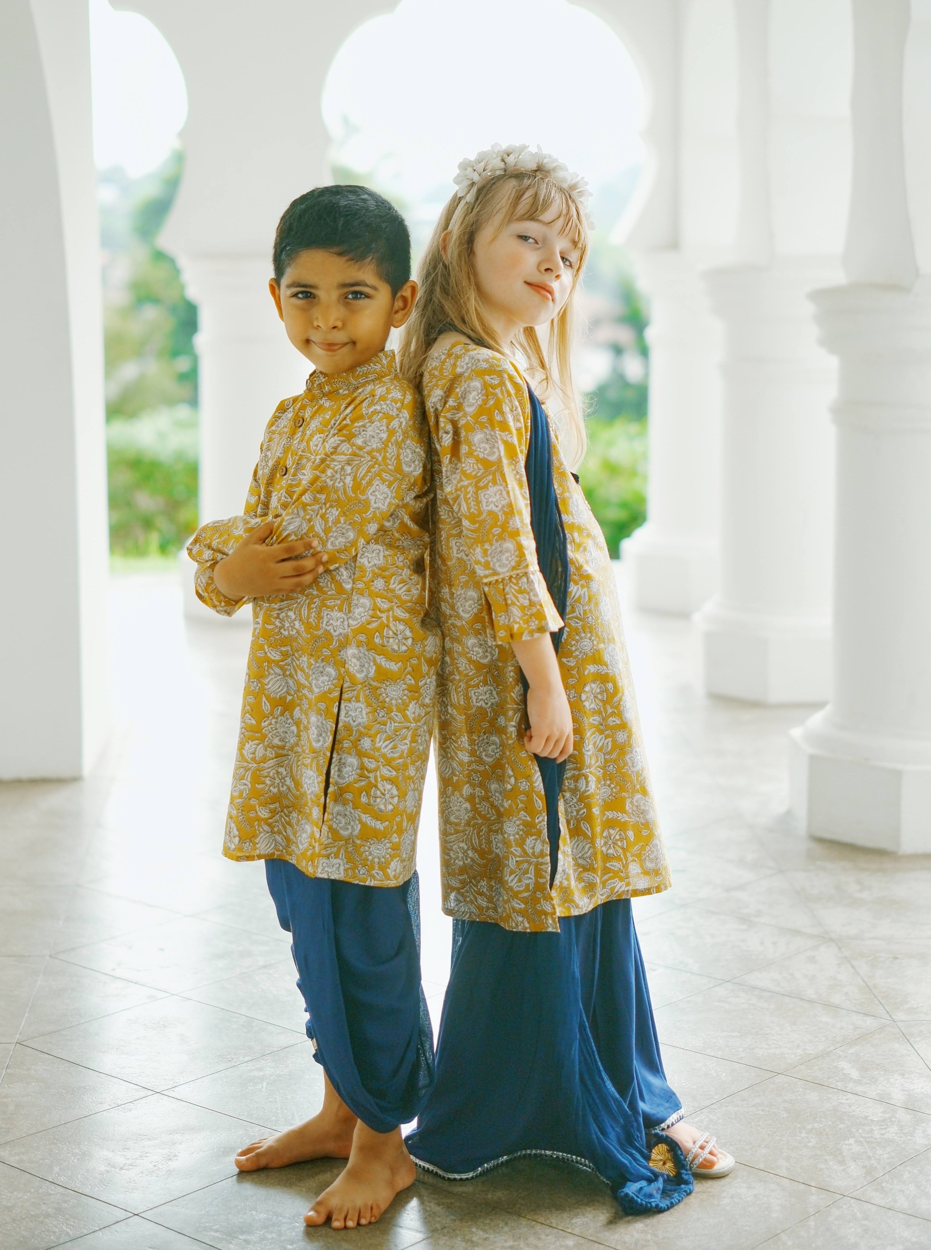 Mustard Floral Boys Kurta Dhoti match with girls kurti in Yellow & Blue Nimbu Singapore