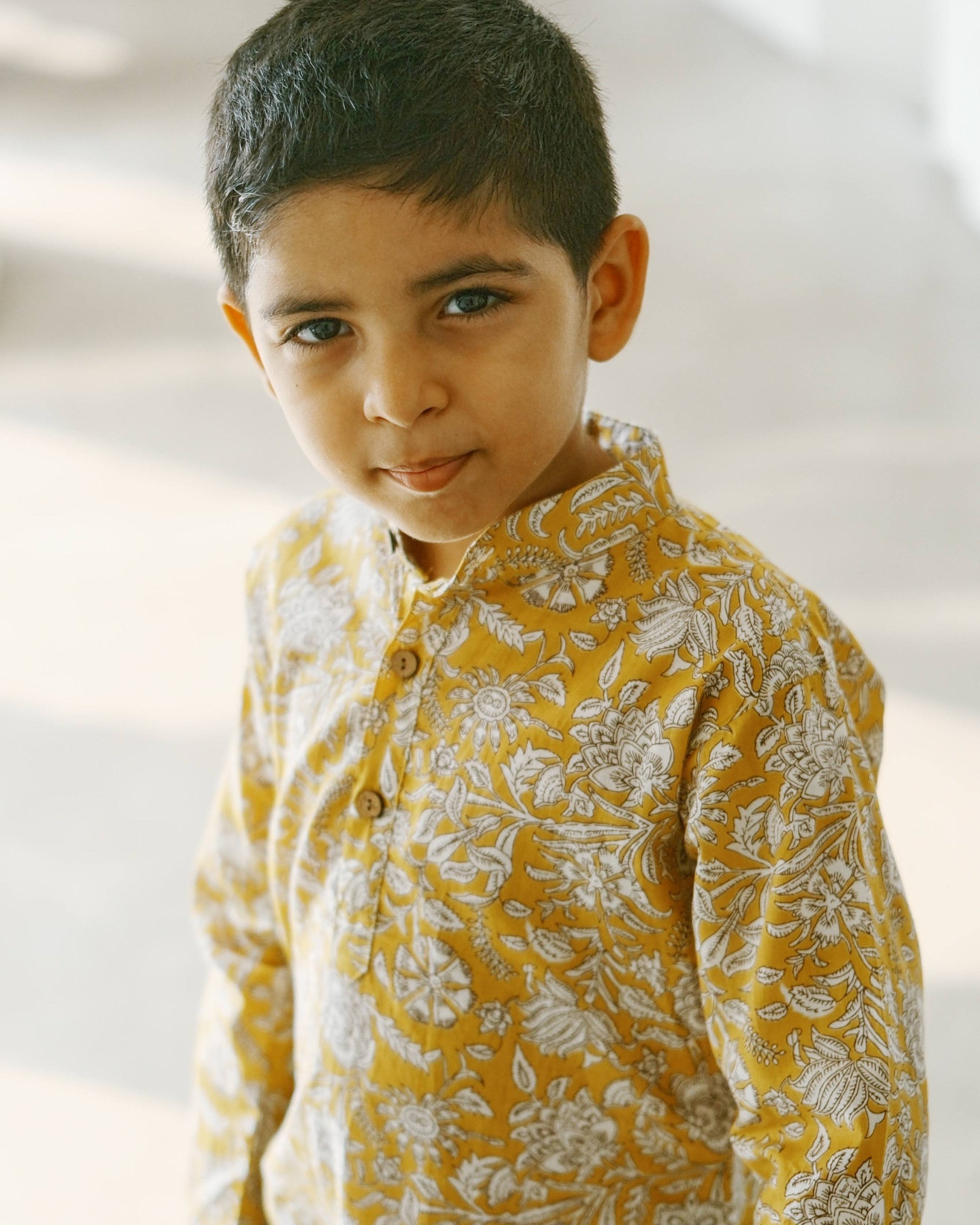 Mustard Floral Boys Kurta Dhoti in Yellow & Blue Nimbu Singapore
