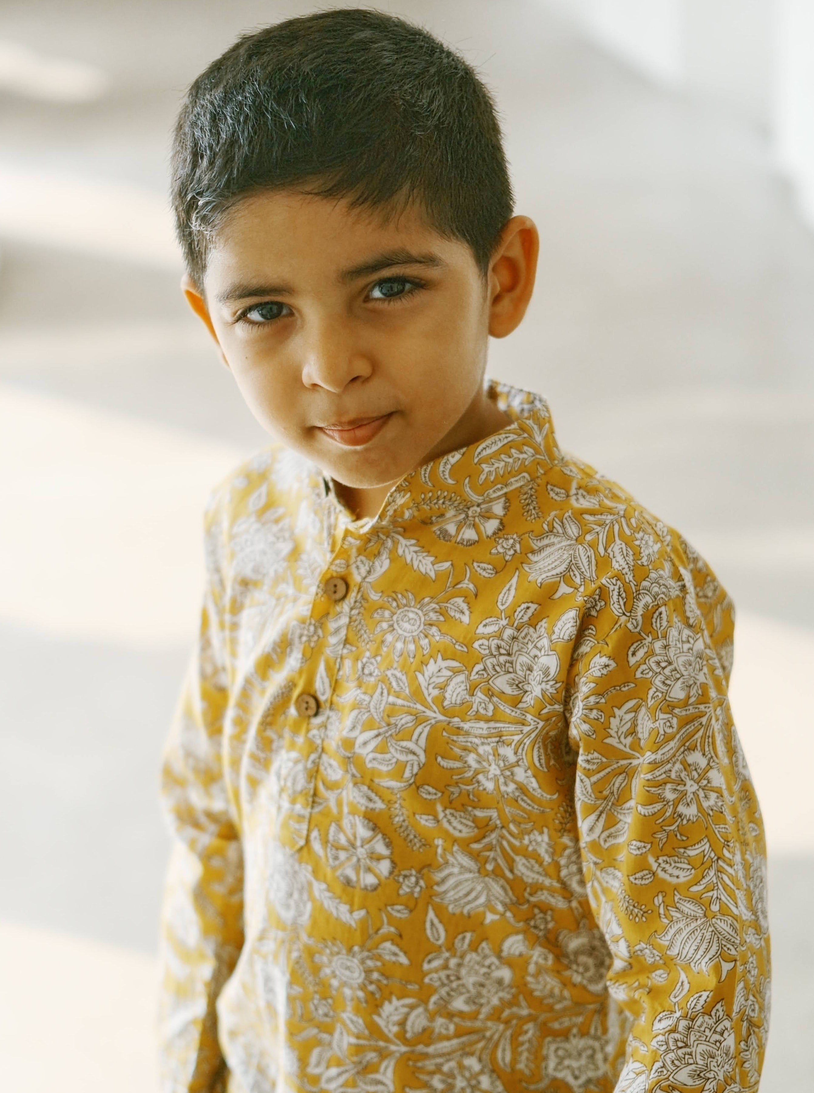 Mustard Floral Boys Kurta Dhoti in Yellow & Blue Nimbu Singapore