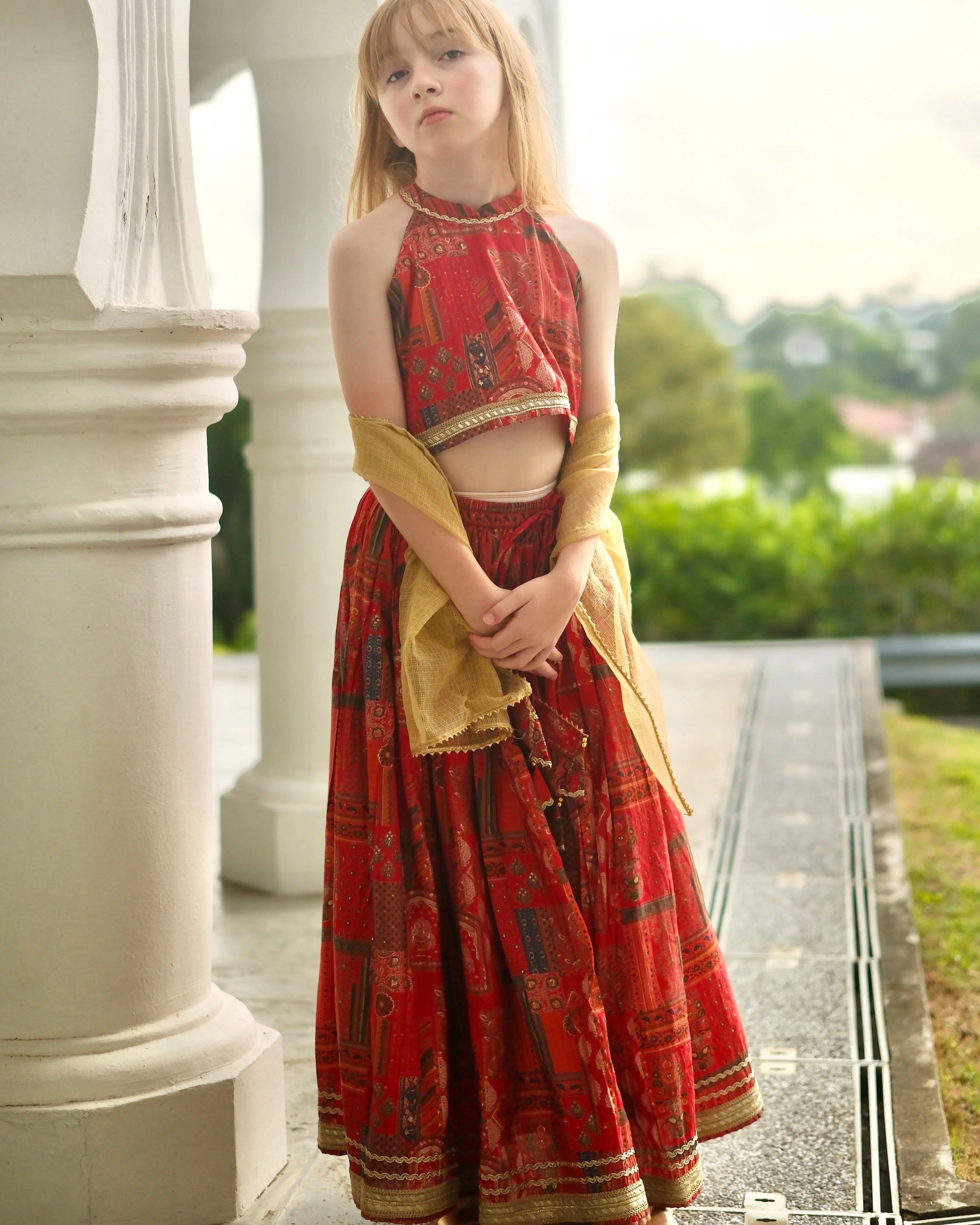 Amara Red Girls Halter Lehenga Choli with Chanderi Dupatta in Muslin Cotton Nimbu