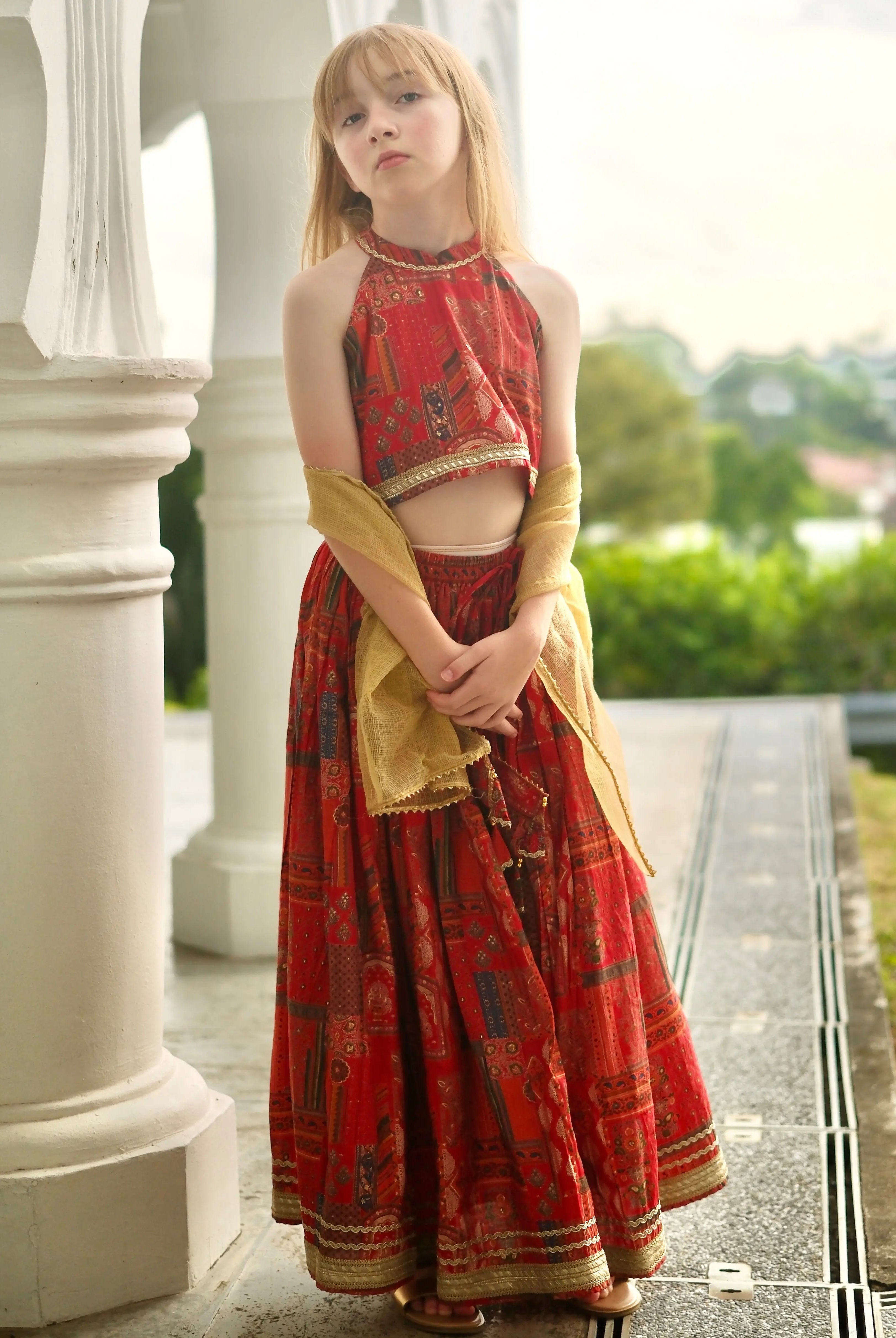 Amara Red Girls Halter Lehenga Choli with Chanderi Dupatta in Muslin Cotton Nimbu