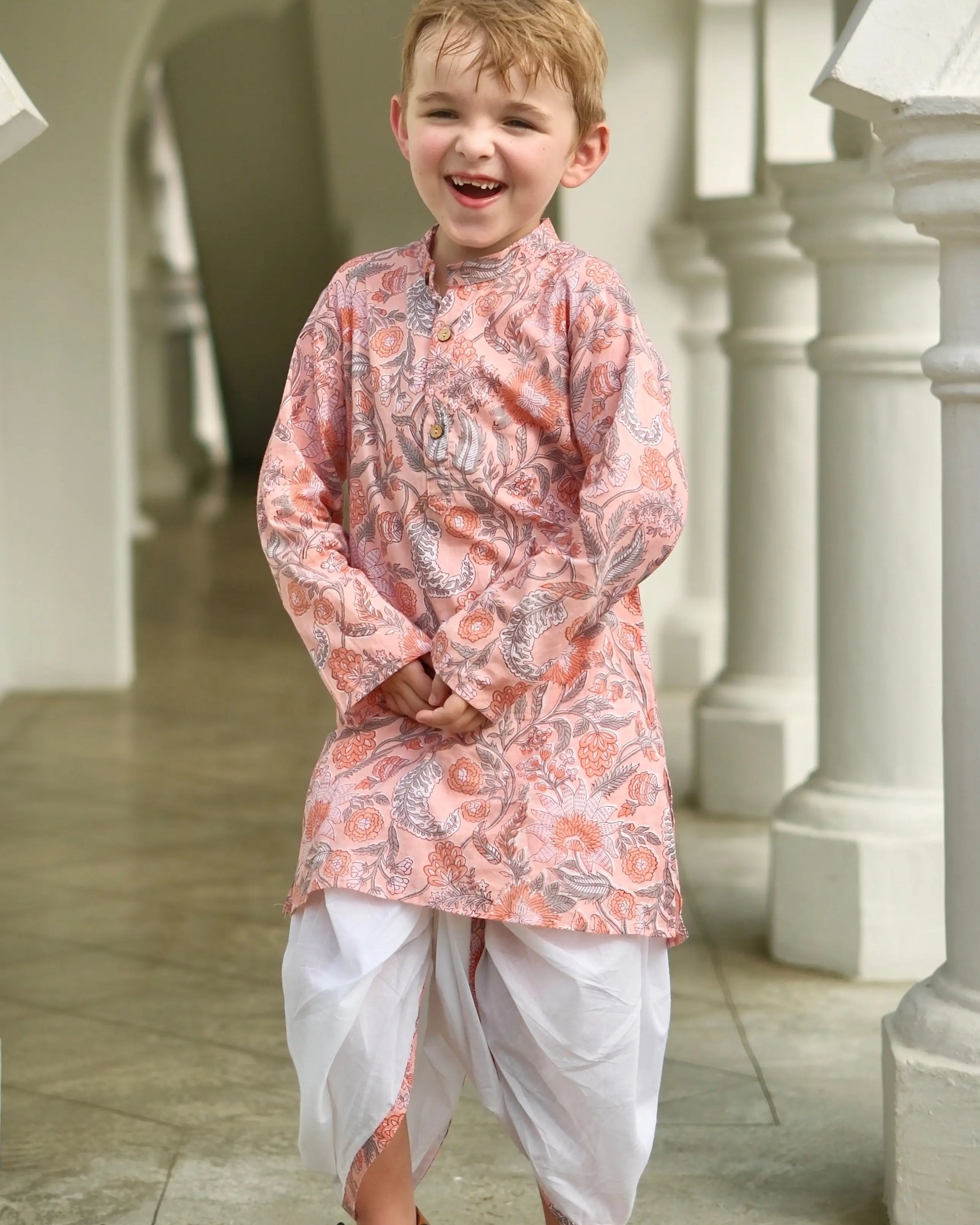 Devi Coral Boys Handblock Kurta Dhoti Nimbu