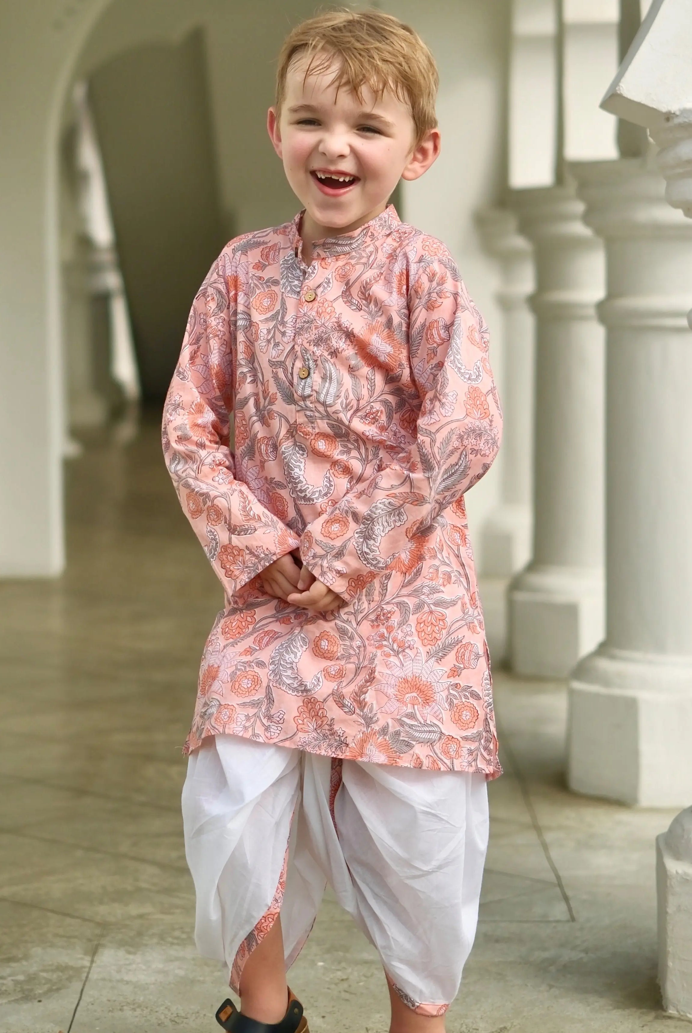 Devi Coral Boys Handblock Kurta Dhoti Nimbu