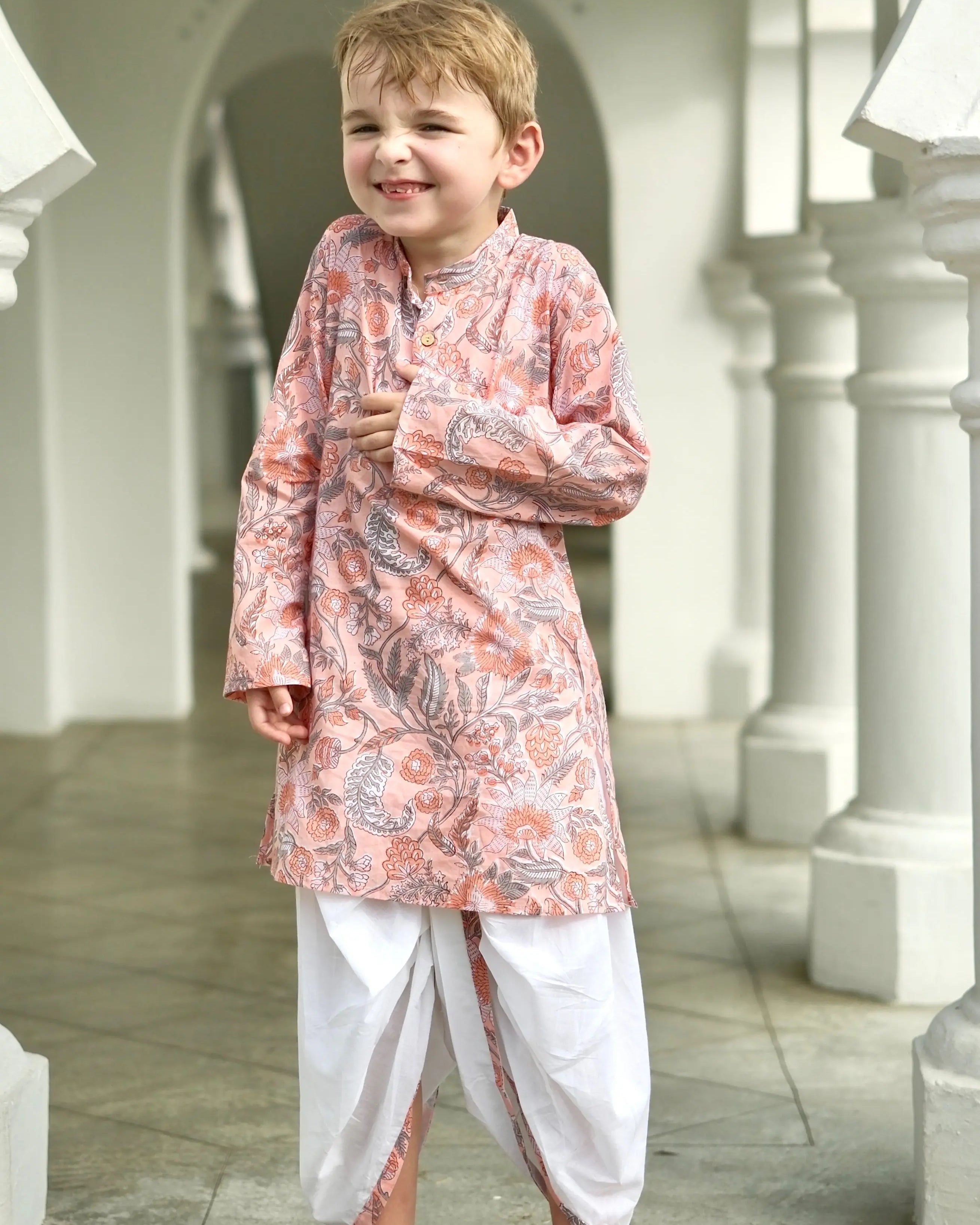 Devi Coral Boys Handblock Kurta Dhoti Nimbu