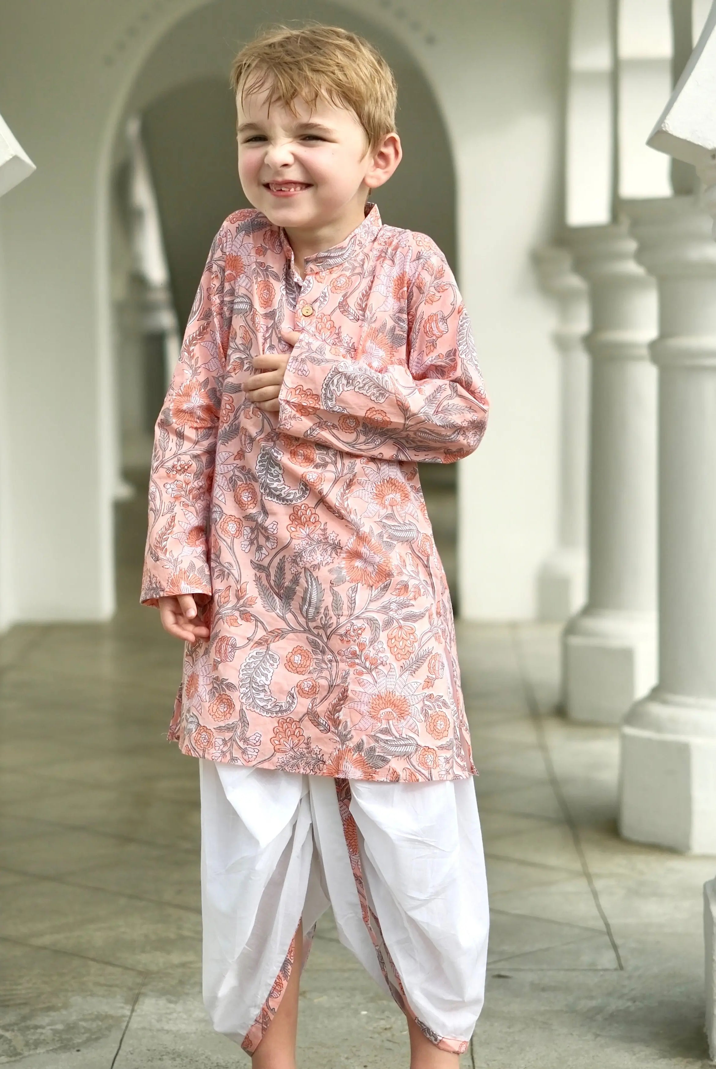 Devi Coral Boys Handblock Kurta Dhoti Nimbu
