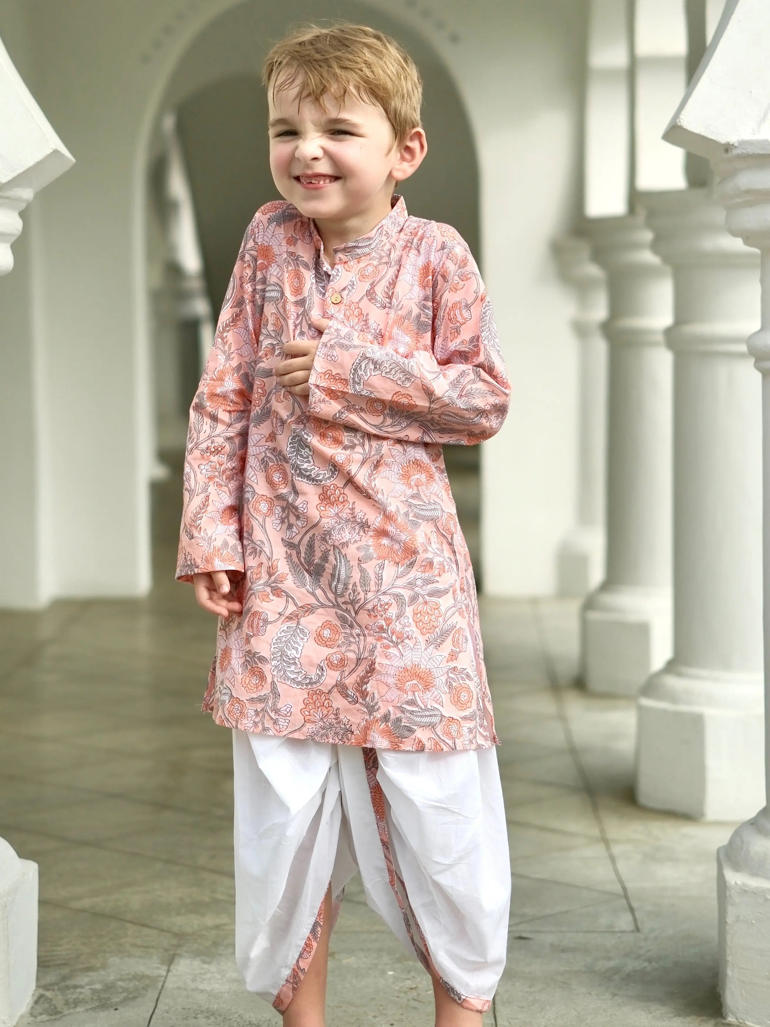 Devi Coral Boys Handblock Kurta Dhoti Nimbu