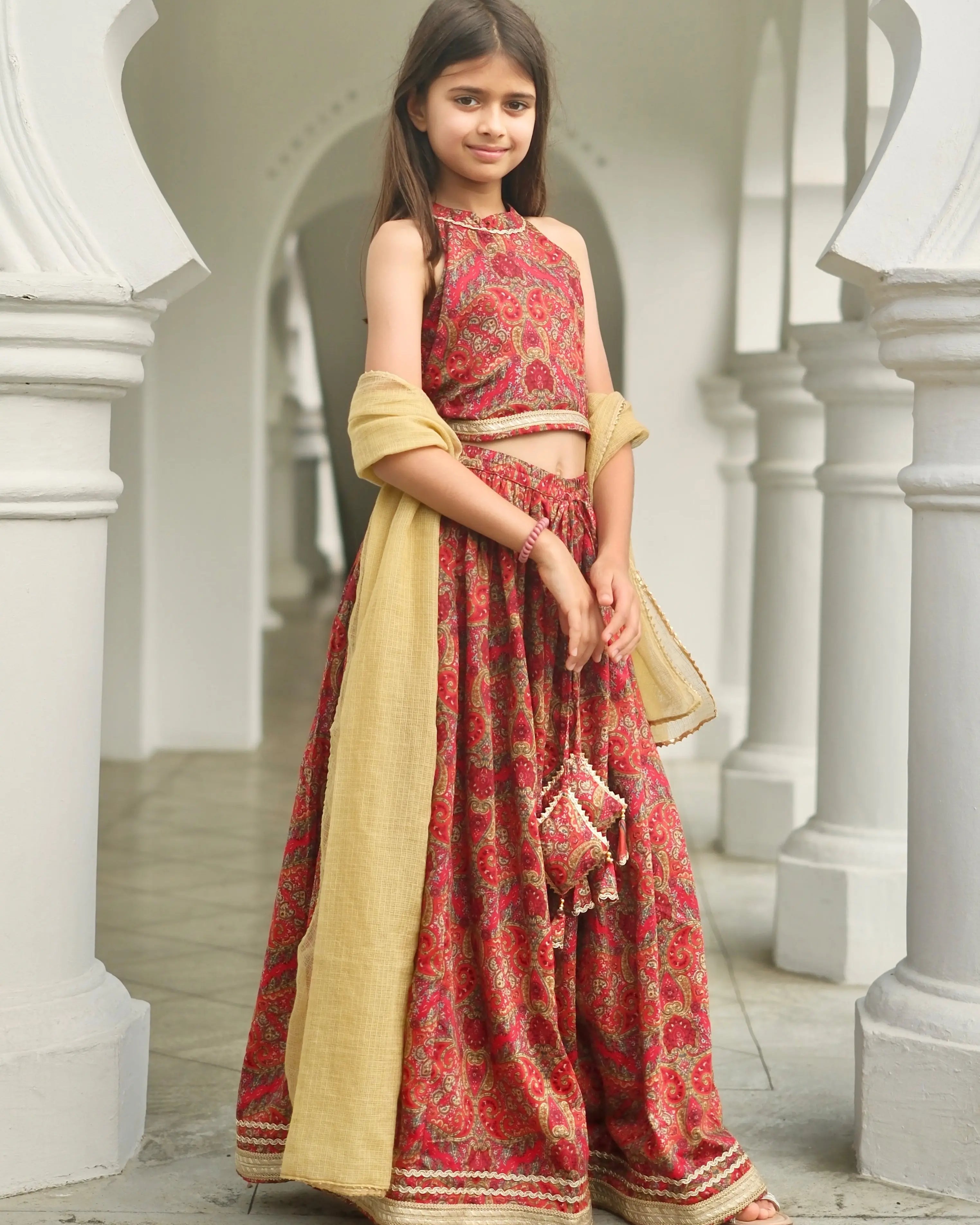 Amara Red Floral Girls Halter Lehenga with Chanderi Dupatta Set in Ice Cool Satin Cotton Nimbu