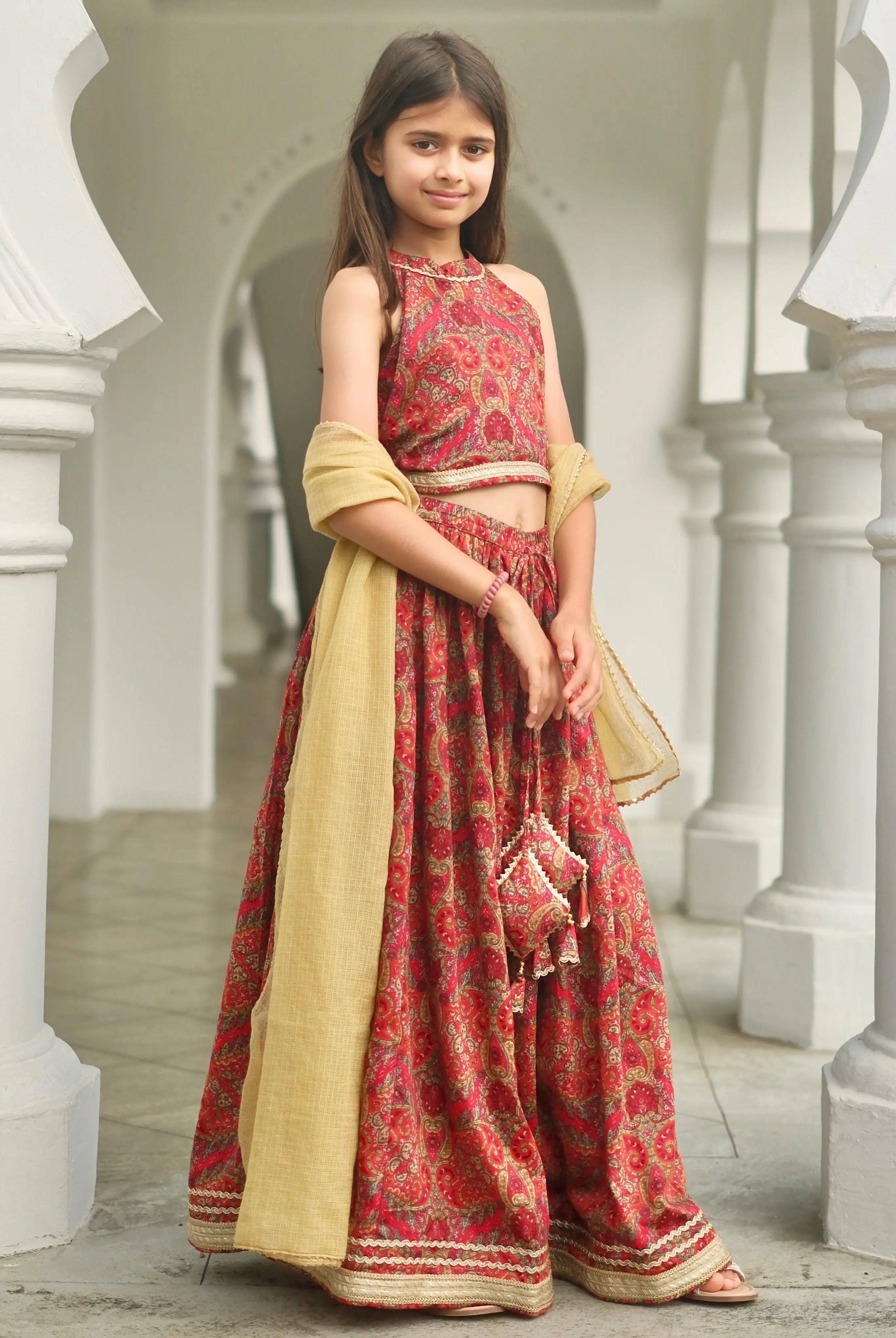 Amara Red Floral Girls Halter Lehenga with Chanderi Dupatta Set in Ice Cool Satin Cotton Nimbu