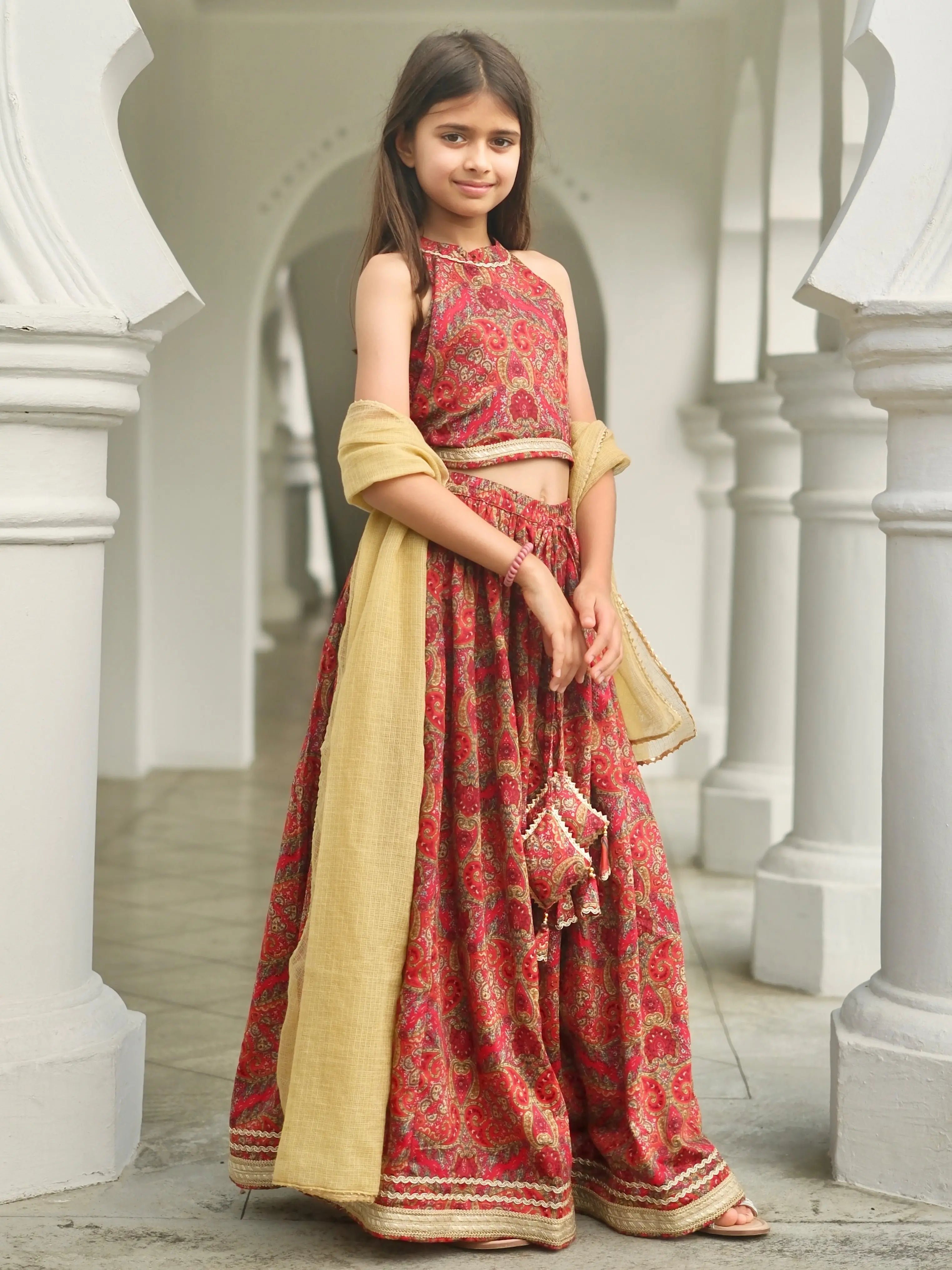 Amara Red Floral Girls Halter Lehenga with Chanderi Dupatta Set in Ice Cool Satin Cotton Nimbu