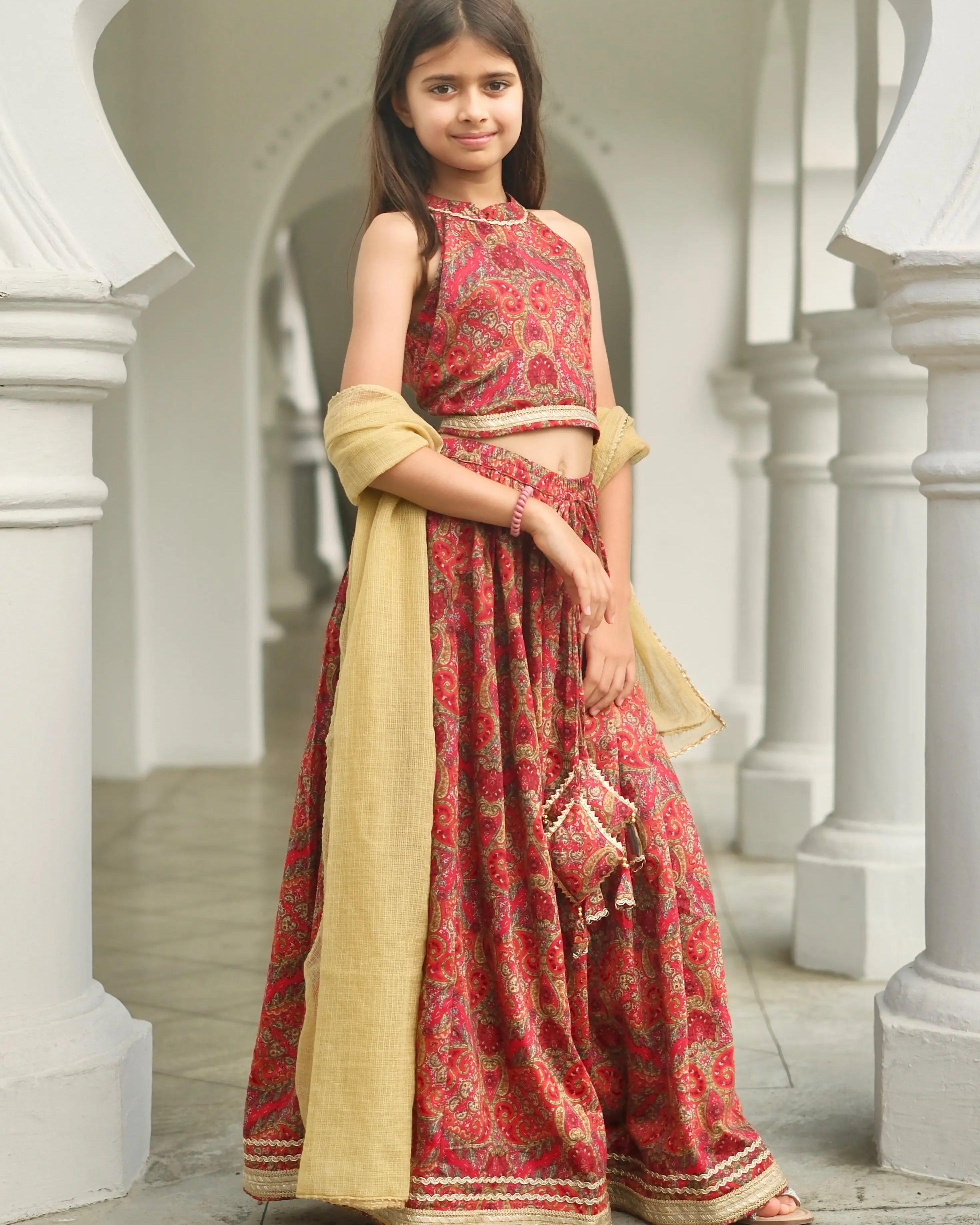 Amara Red Floral Girls Halter Lehenga with Chanderi Dupatta Set in Ice Cool Satin Cotton Nimbu