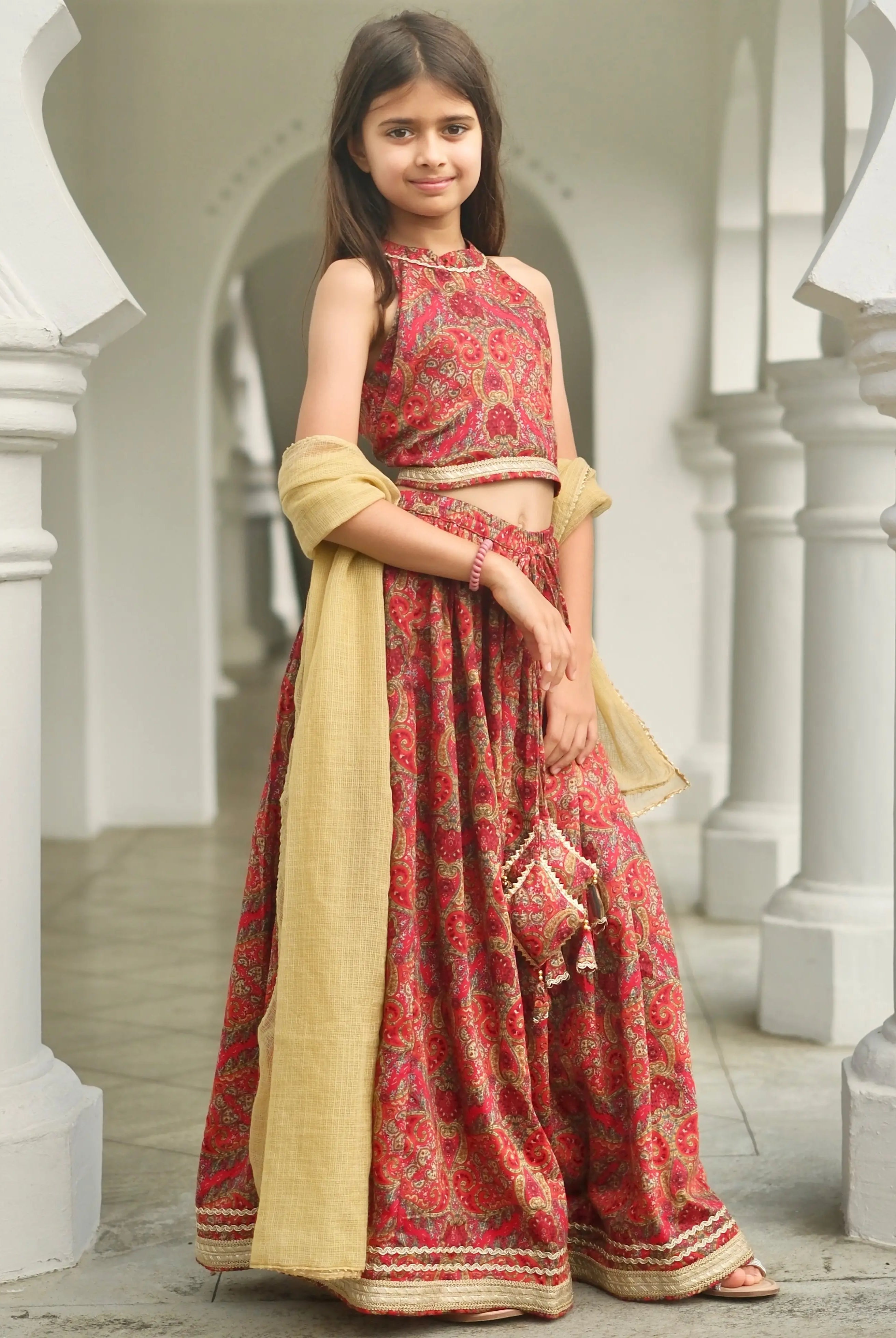 Amara Red Floral Girls Halter Lehenga with Chanderi Dupatta Set in Ice Cool Satin Cotton Nimbu