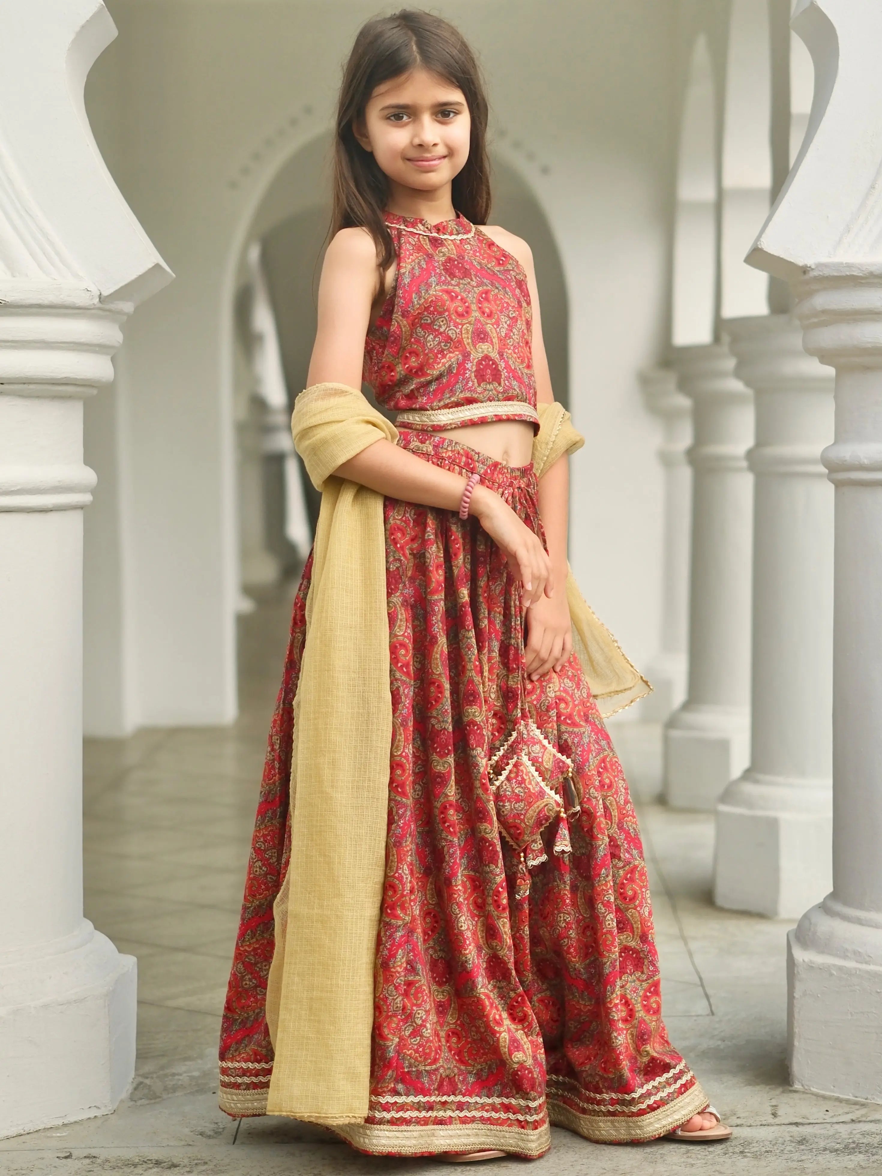 Amara Red Floral Girls Halter Lehenga with Chanderi Dupatta Set in Ice Cool Satin Cotton Nimbu