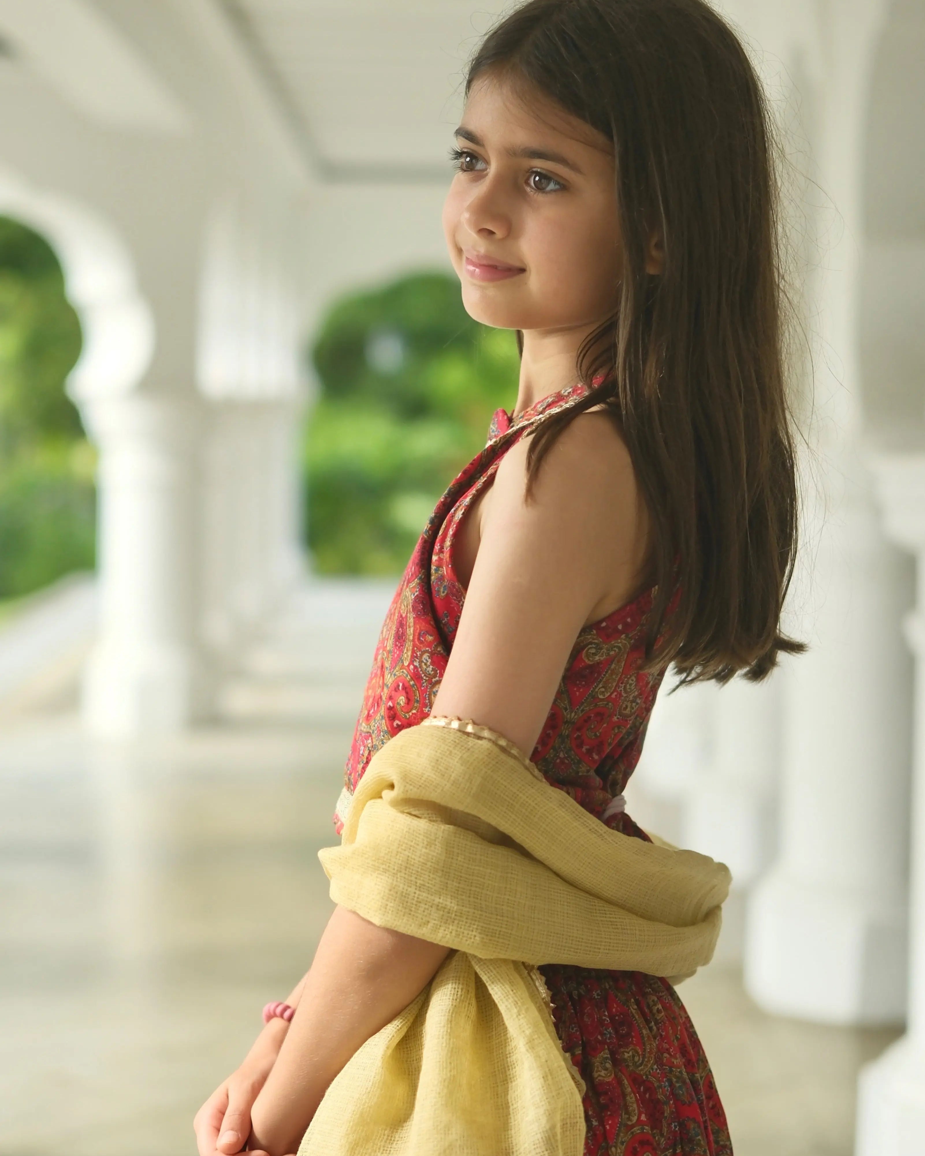 Amara Red Floral Girls Halter Lehenga with Chanderi Dupatta Set in Ice Cool Satin Cotton Nimbu