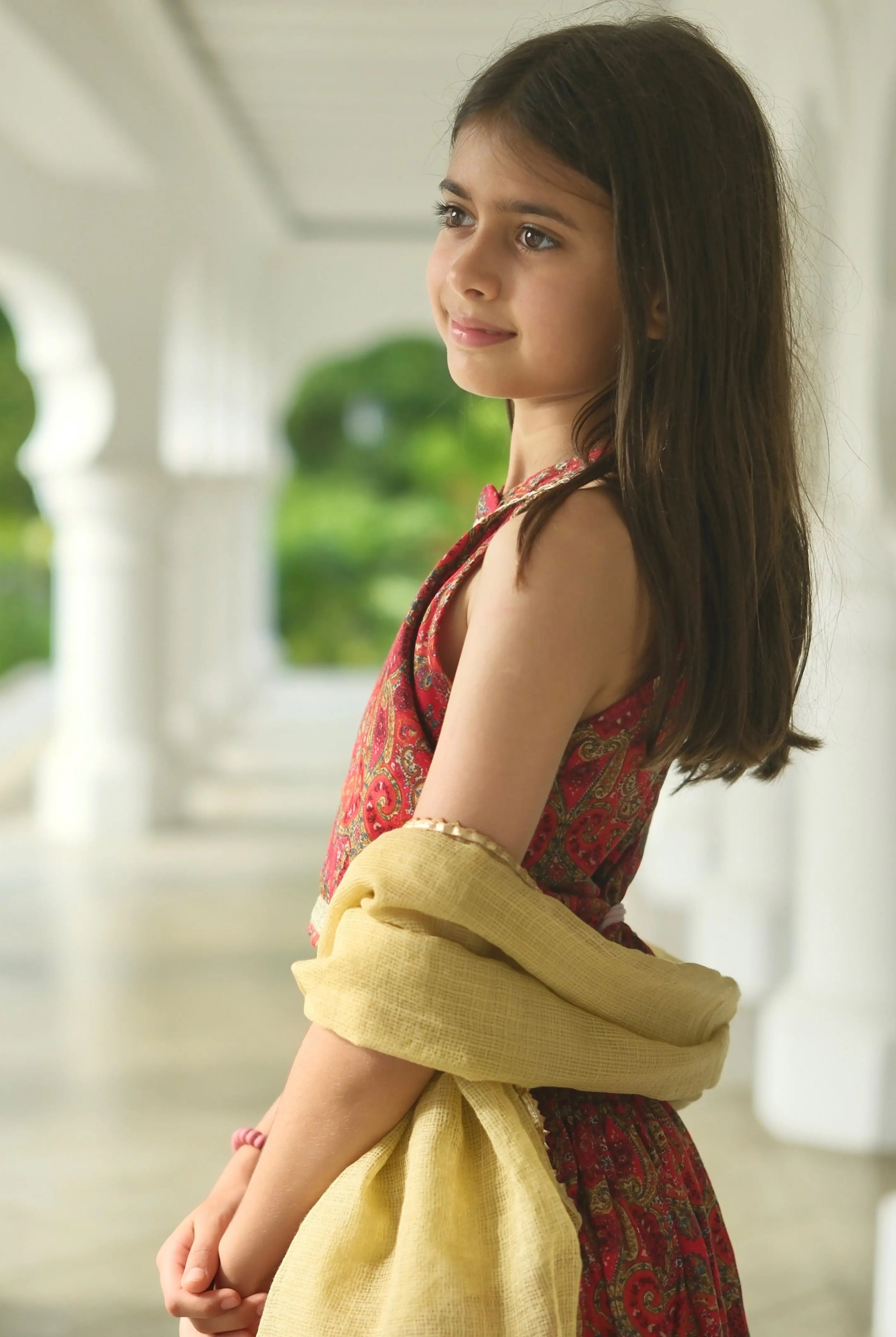 Amara Red Floral Girls Halter Lehenga with Chanderi Dupatta Set in Ice Cool Satin Cotton Nimbu