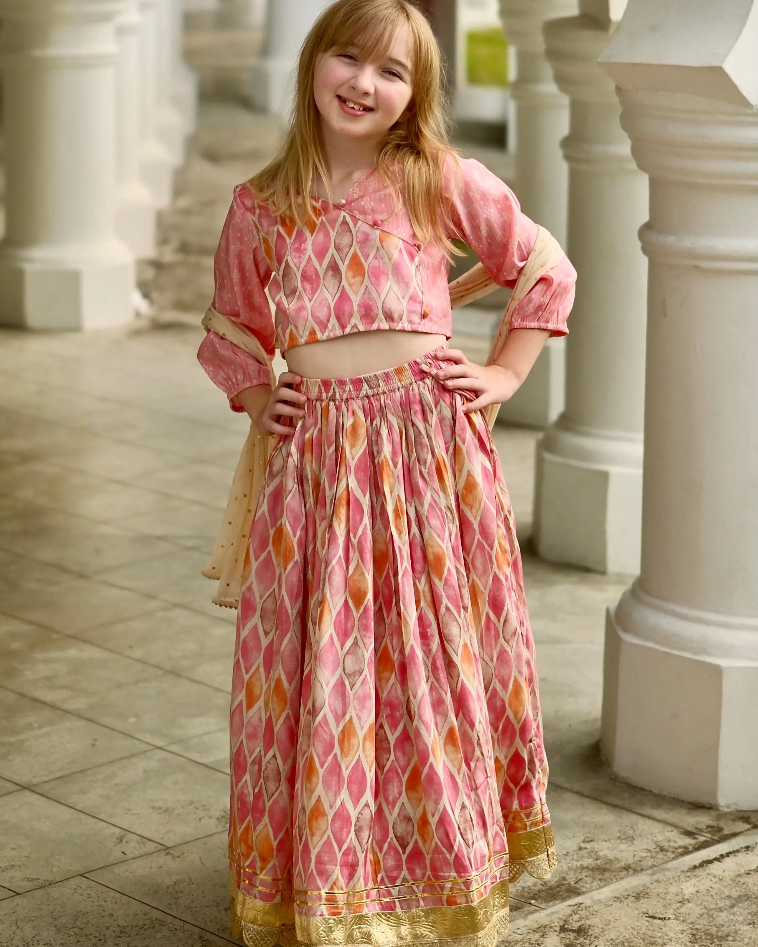 Rooh Pink Girls Lehenga Choli Set with Dupatta in Muslin Cotton Nimbu