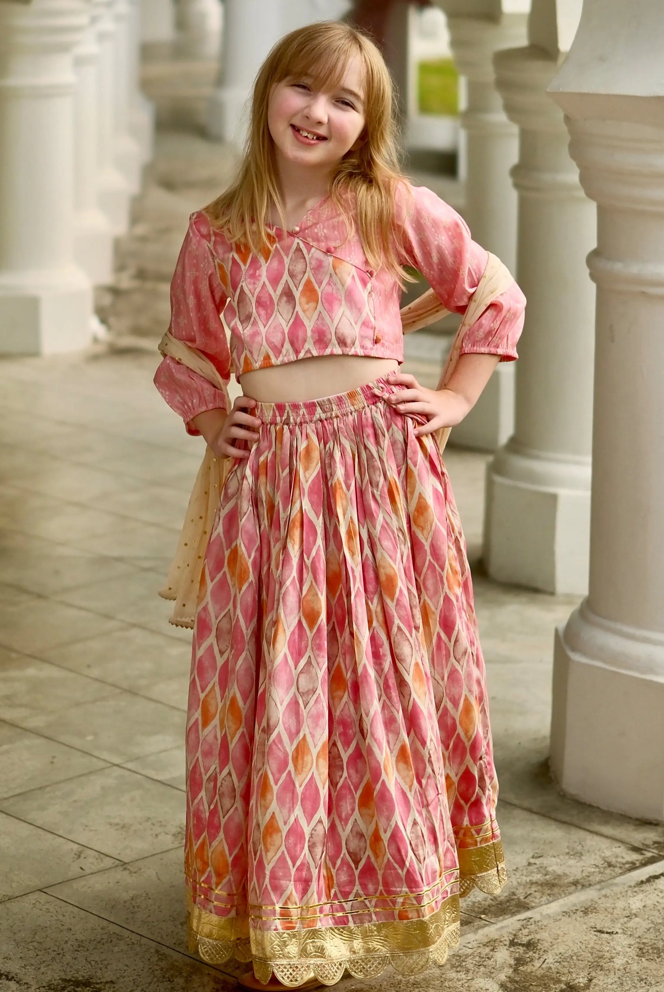 Rooh Pink Girls Lehenga Choli Set with Dupatta in Muslin Cotton Nimbu