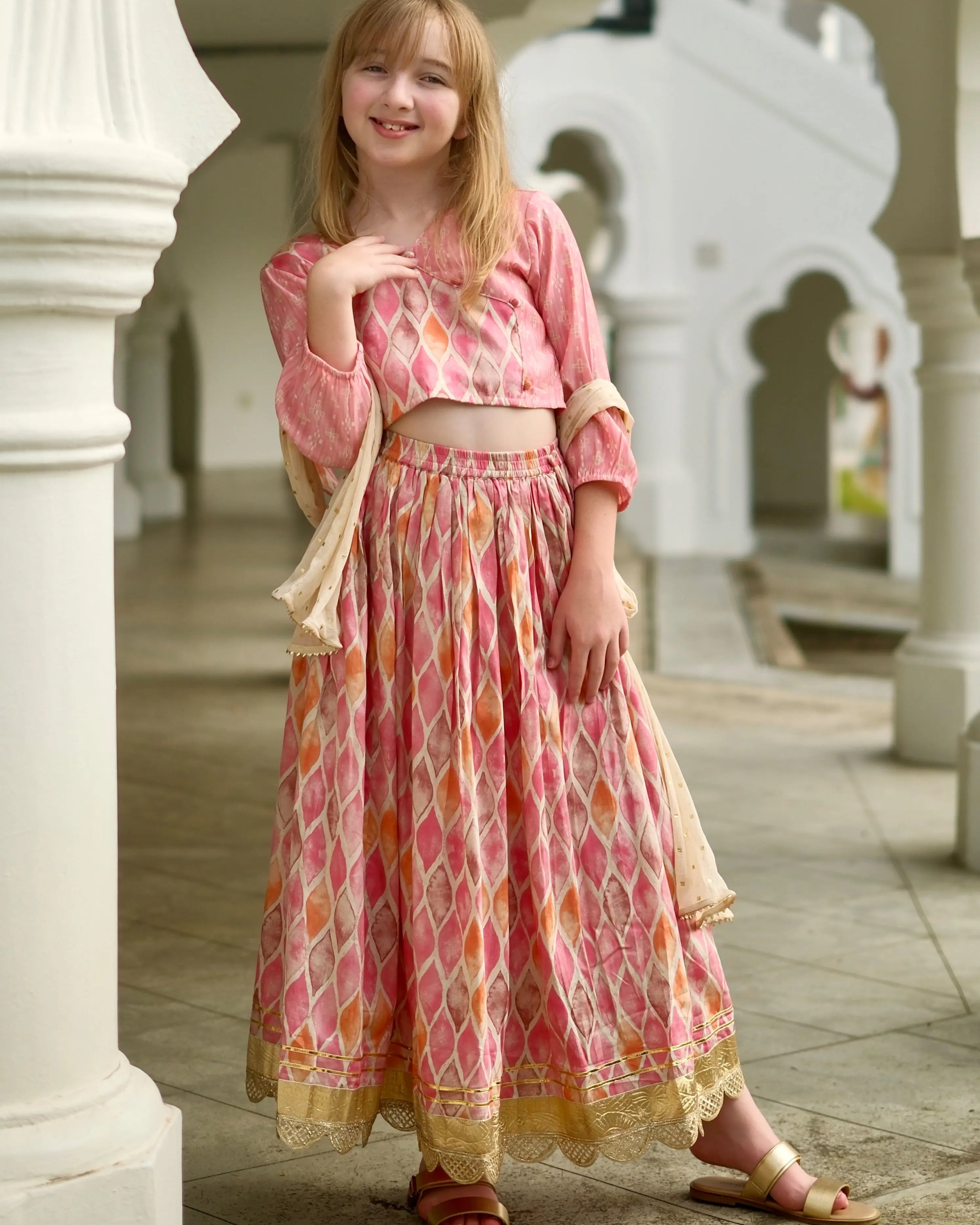 Rooh Pink Girls Lehenga Choli Set with Dupatta in Muslin Cotton Nimbu