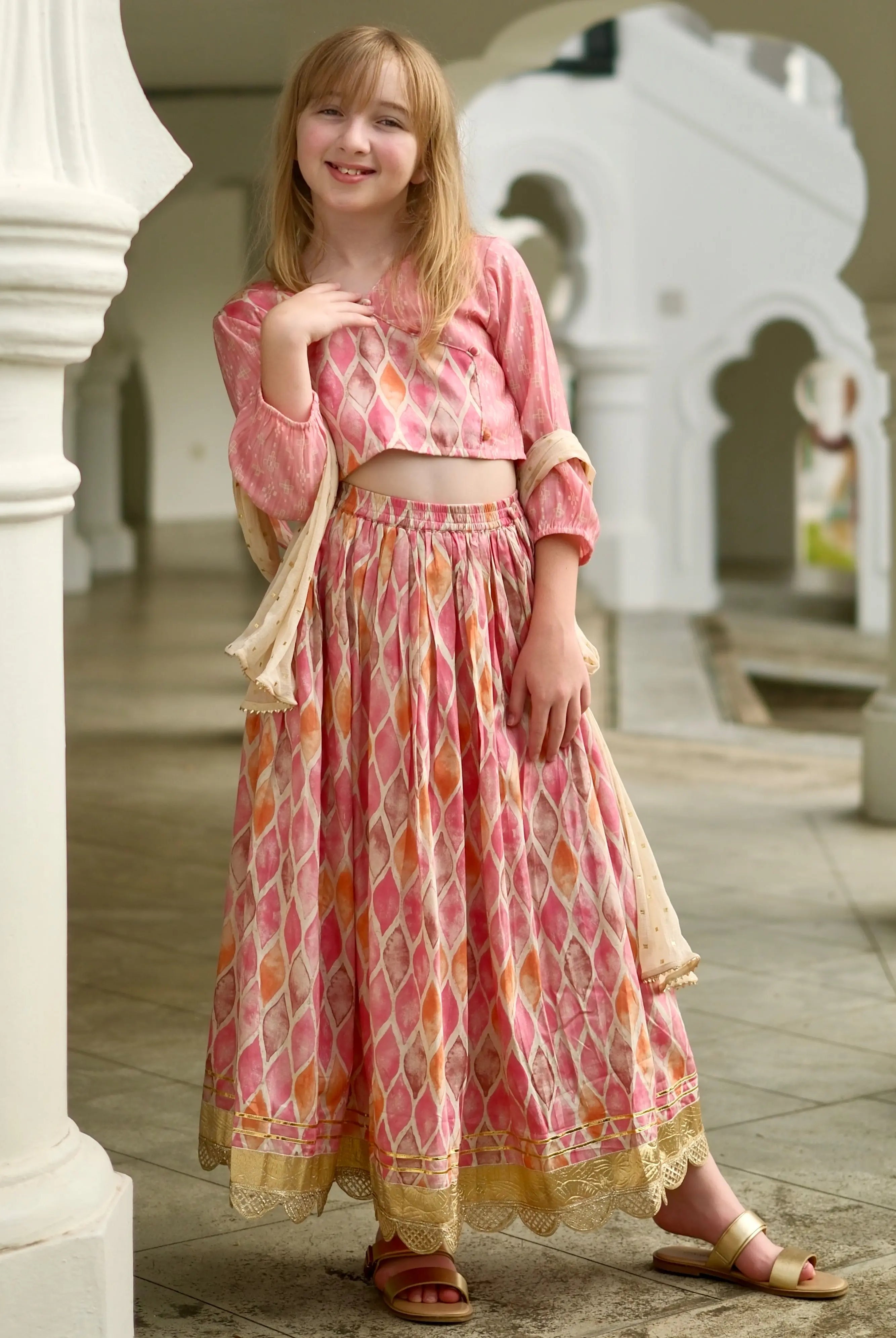 Rooh Pink Girls Lehenga Choli Set with Dupatta in Muslin Cotton Nimbu