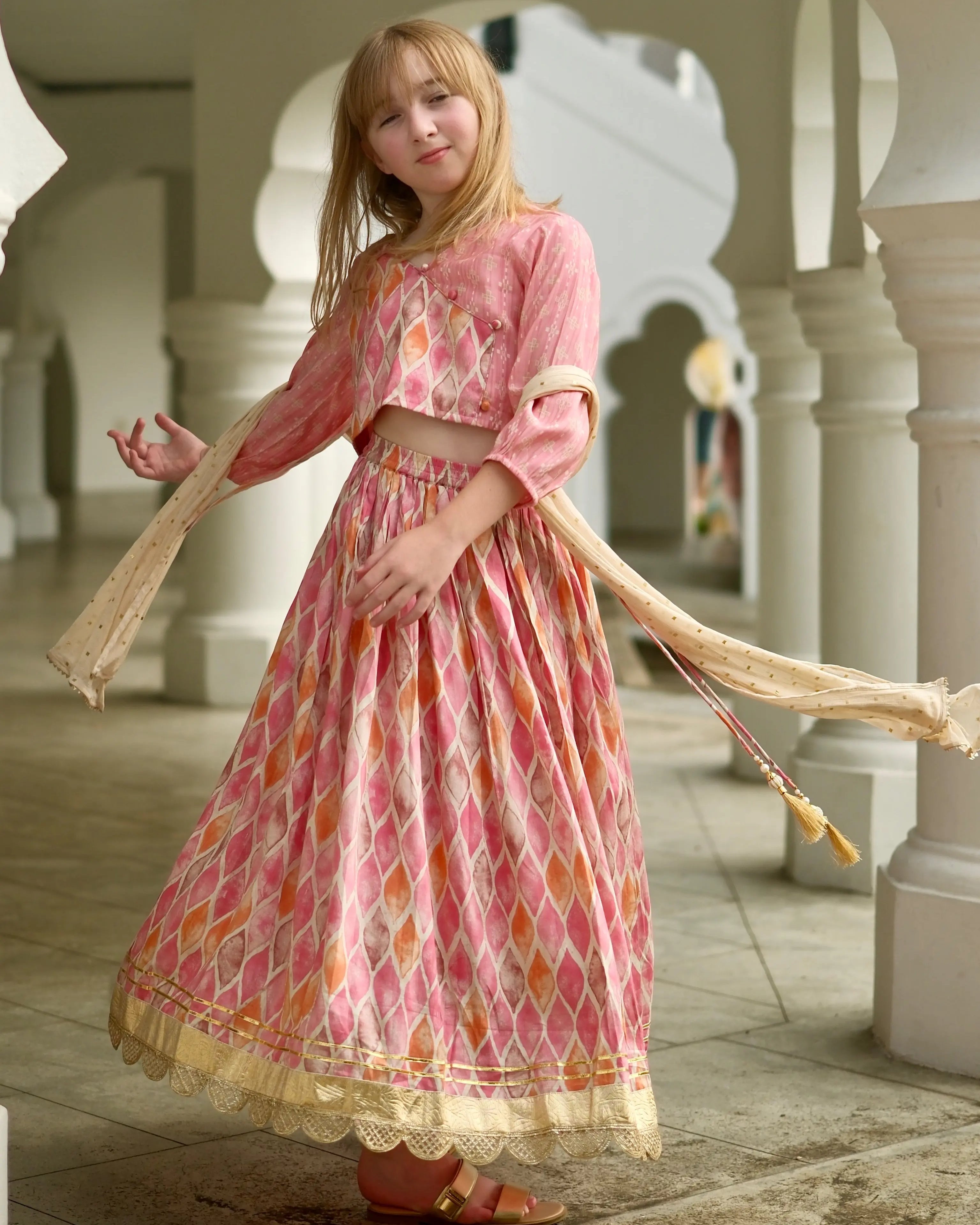 Rooh Pink Girls Lehenga Choli Set with Dupatta in Muslin Cotton Nimbu