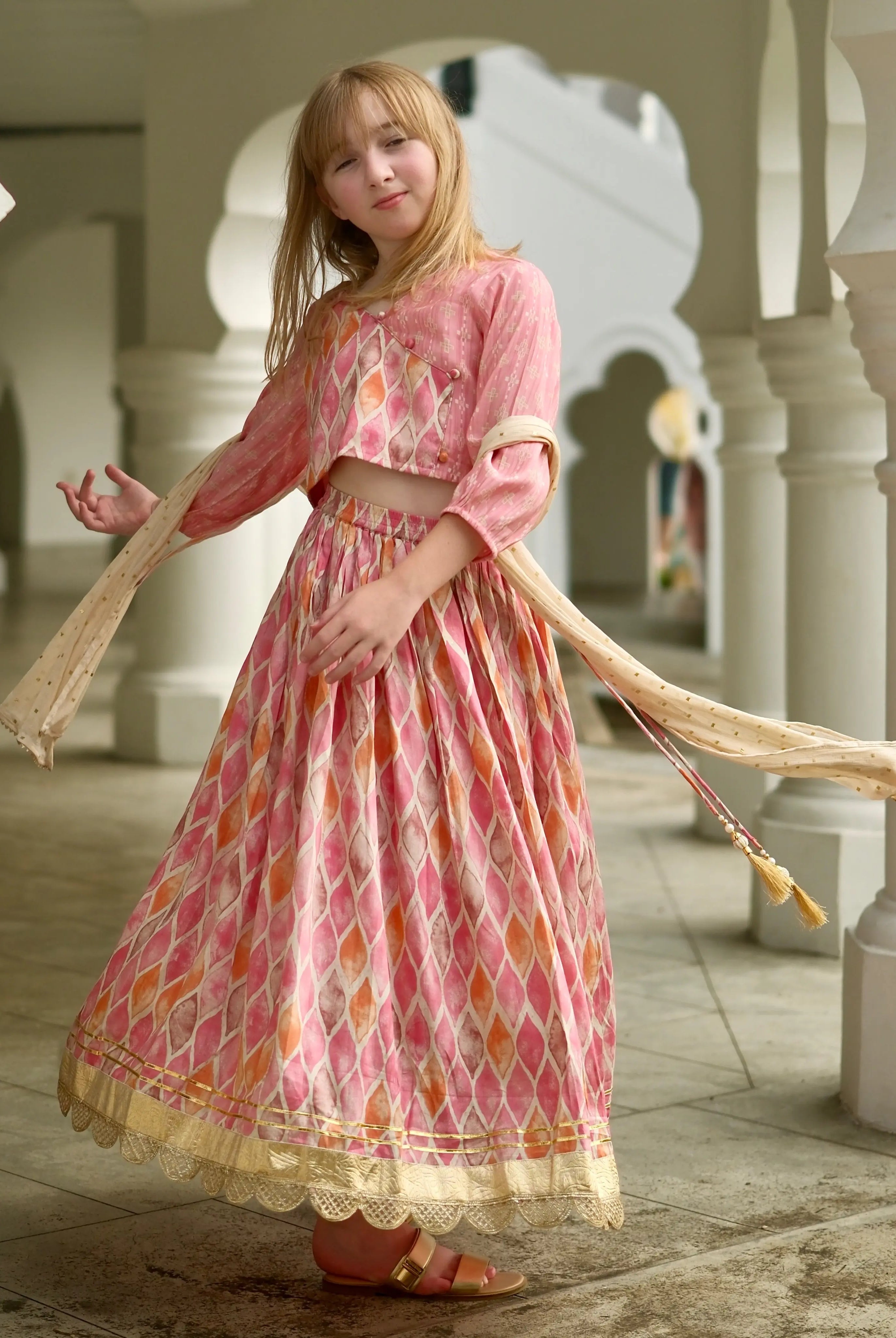 Rooh Pink Girls Lehenga Choli Set with Dupatta in Muslin Cotton Nimbu