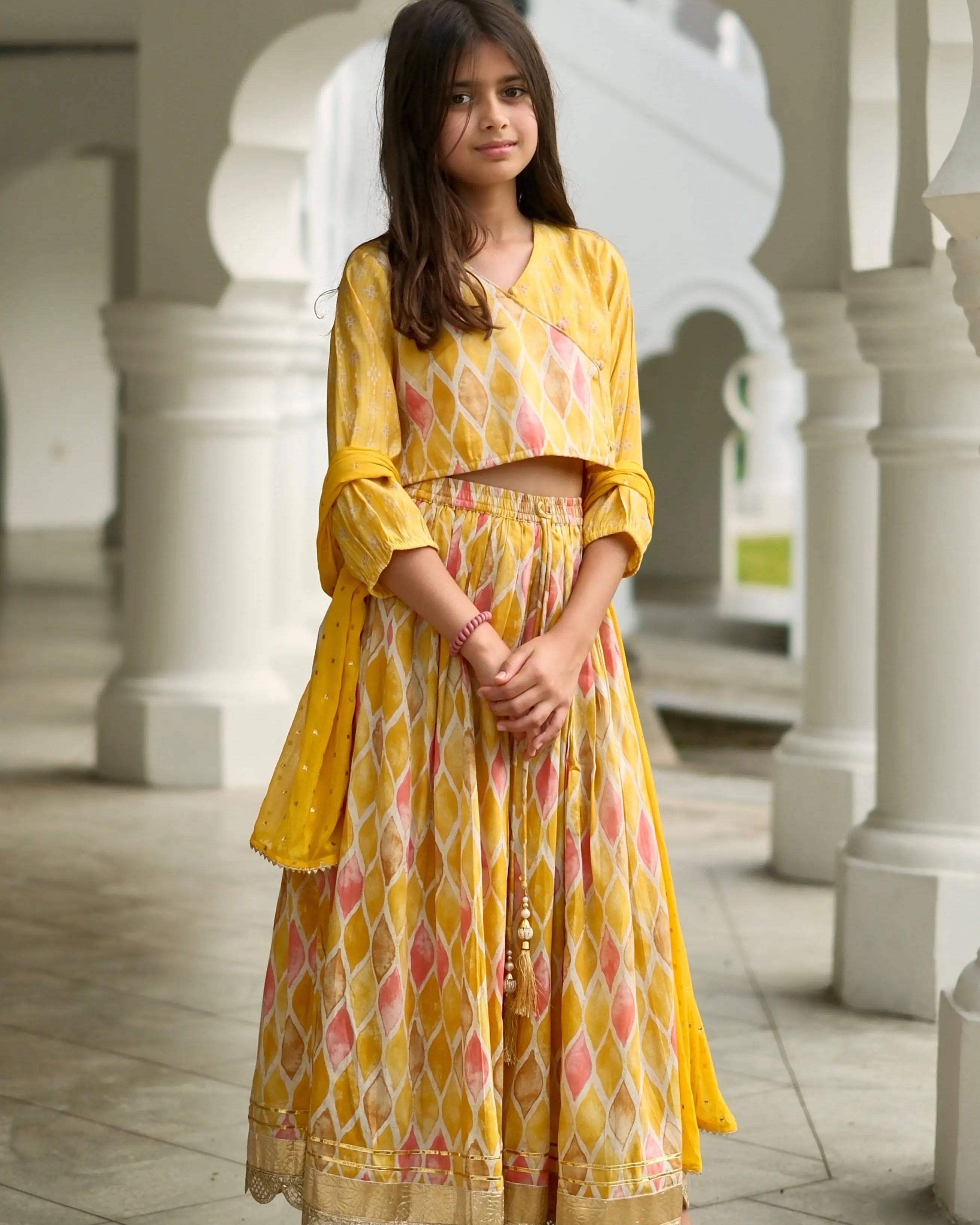 Rooh Mustard Girls Lehenga Choli Set with Dupatta in Muslin Cotton Nimbu