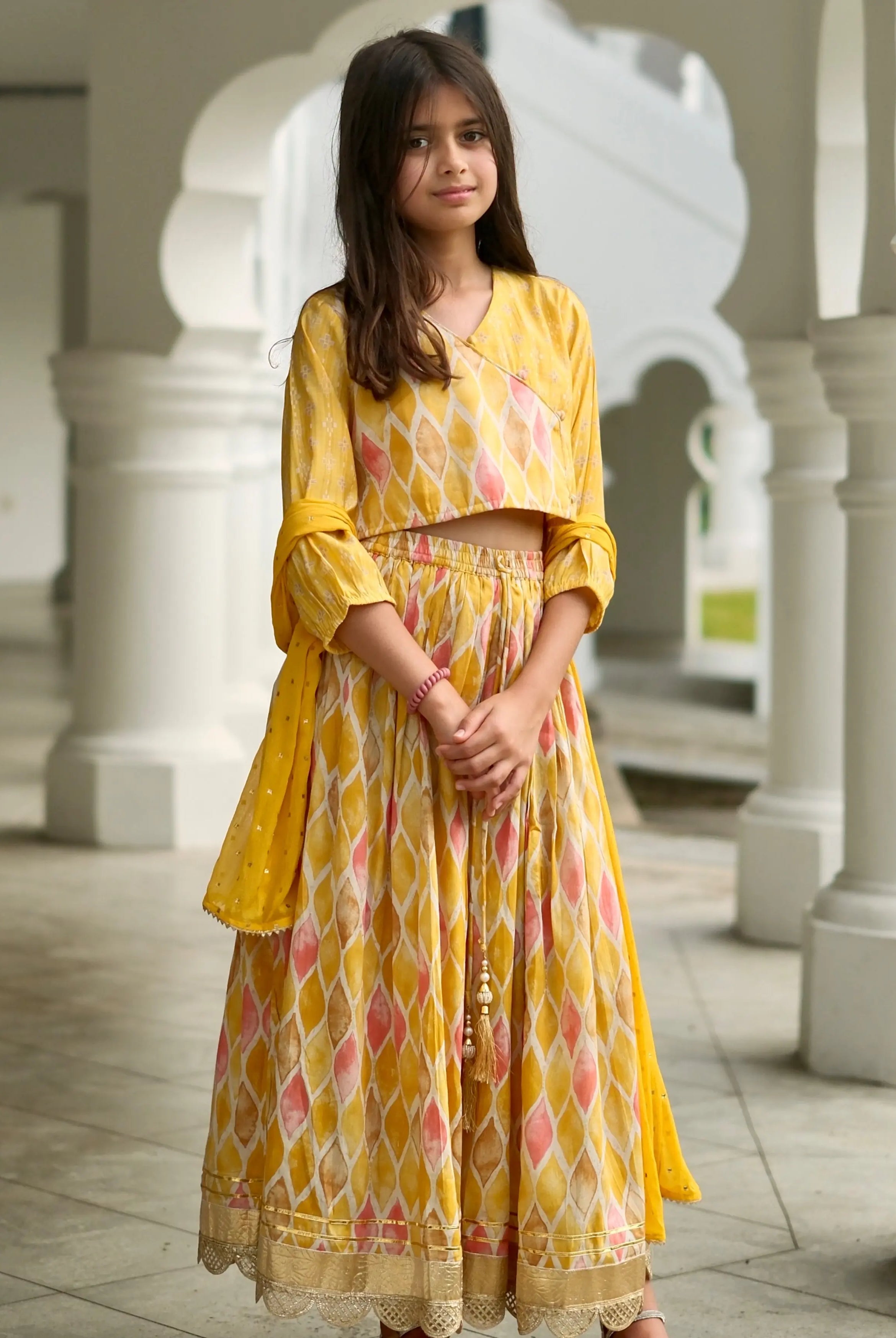 Rooh Mustard Girls Lehenga Choli Set with Dupatta in Muslin Cotton Nimbu