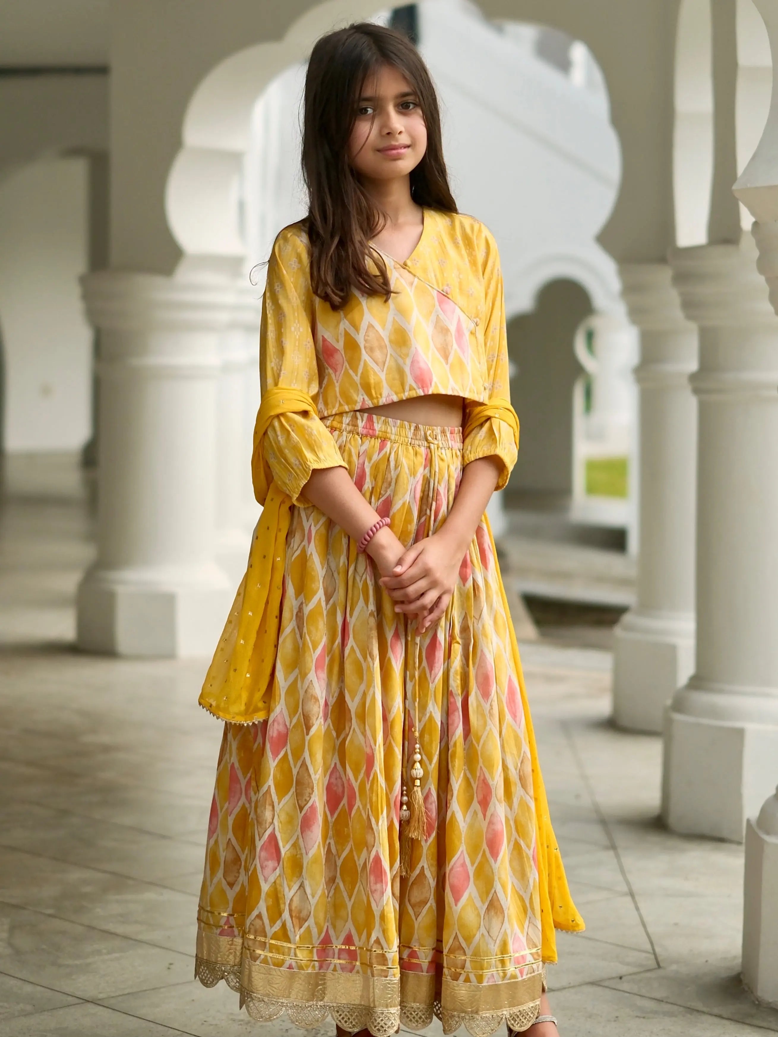 Rooh Mustard Girls Lehenga Choli Set with Dupatta in Muslin Cotton Nimbu