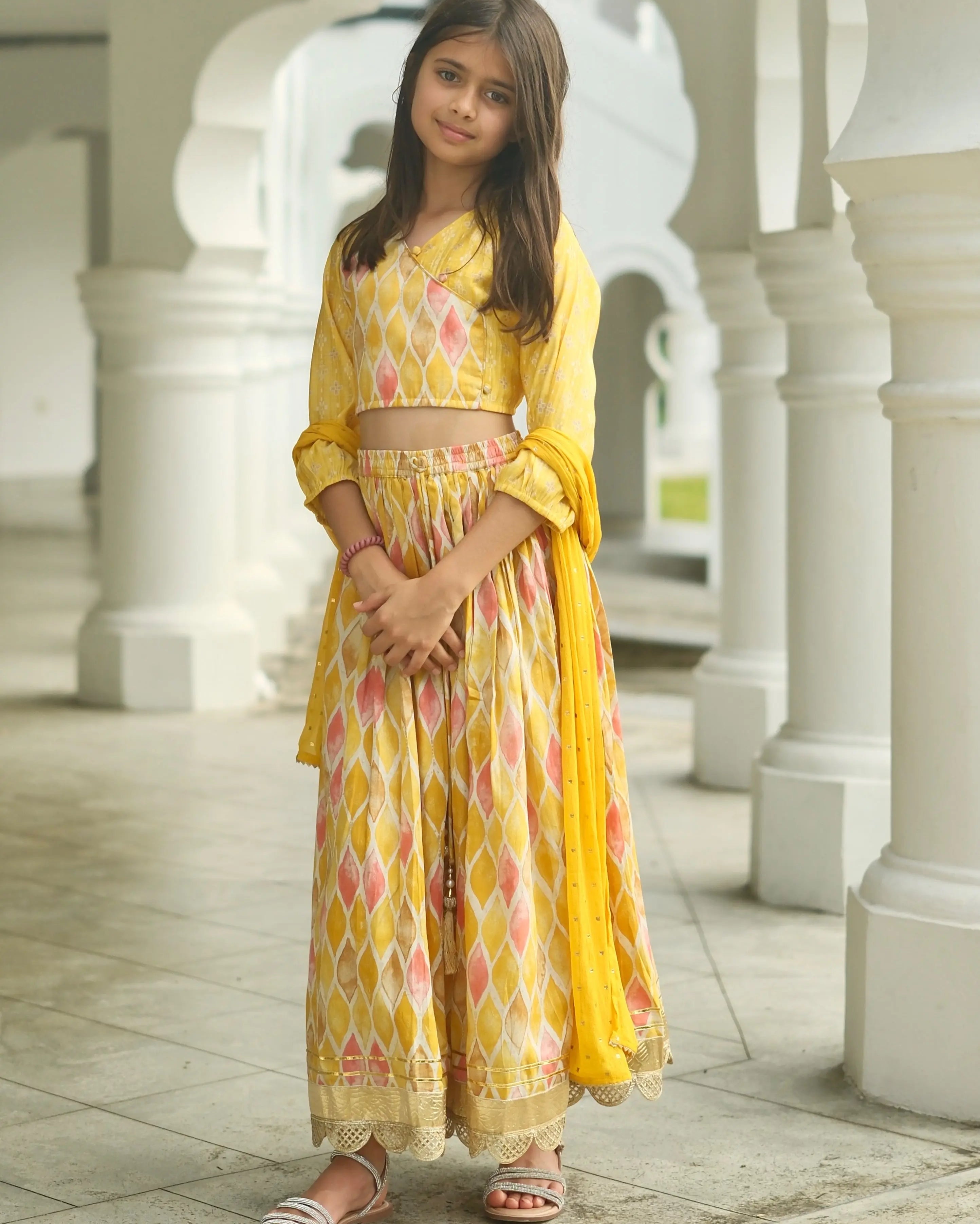 Rooh Mustard Girls Lehenga Choli Set with Dupatta in Muslin Cotton Nimbu