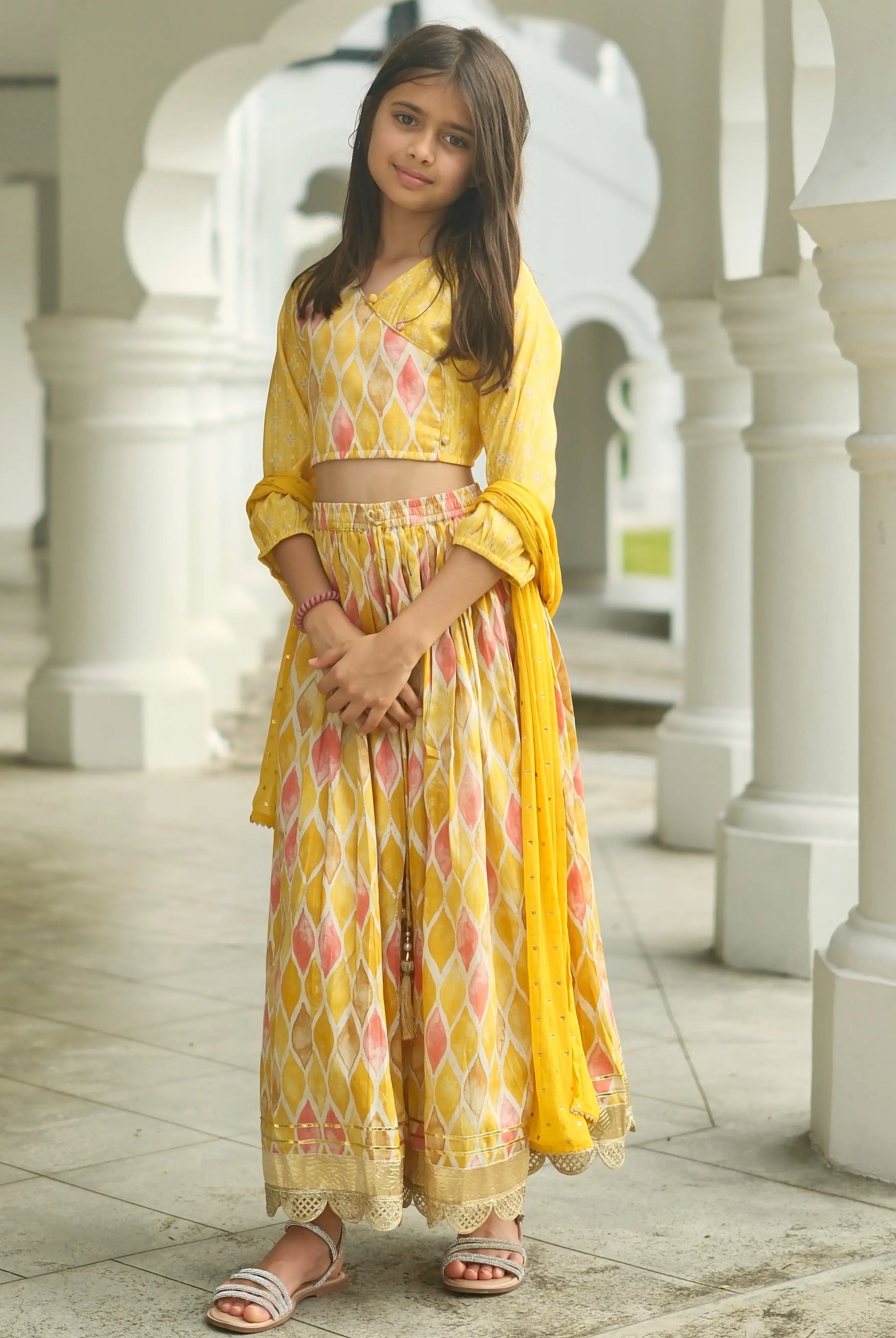 Rooh Mustard Girls Lehenga Choli Set with Dupatta in Muslin Cotton Nimbu
