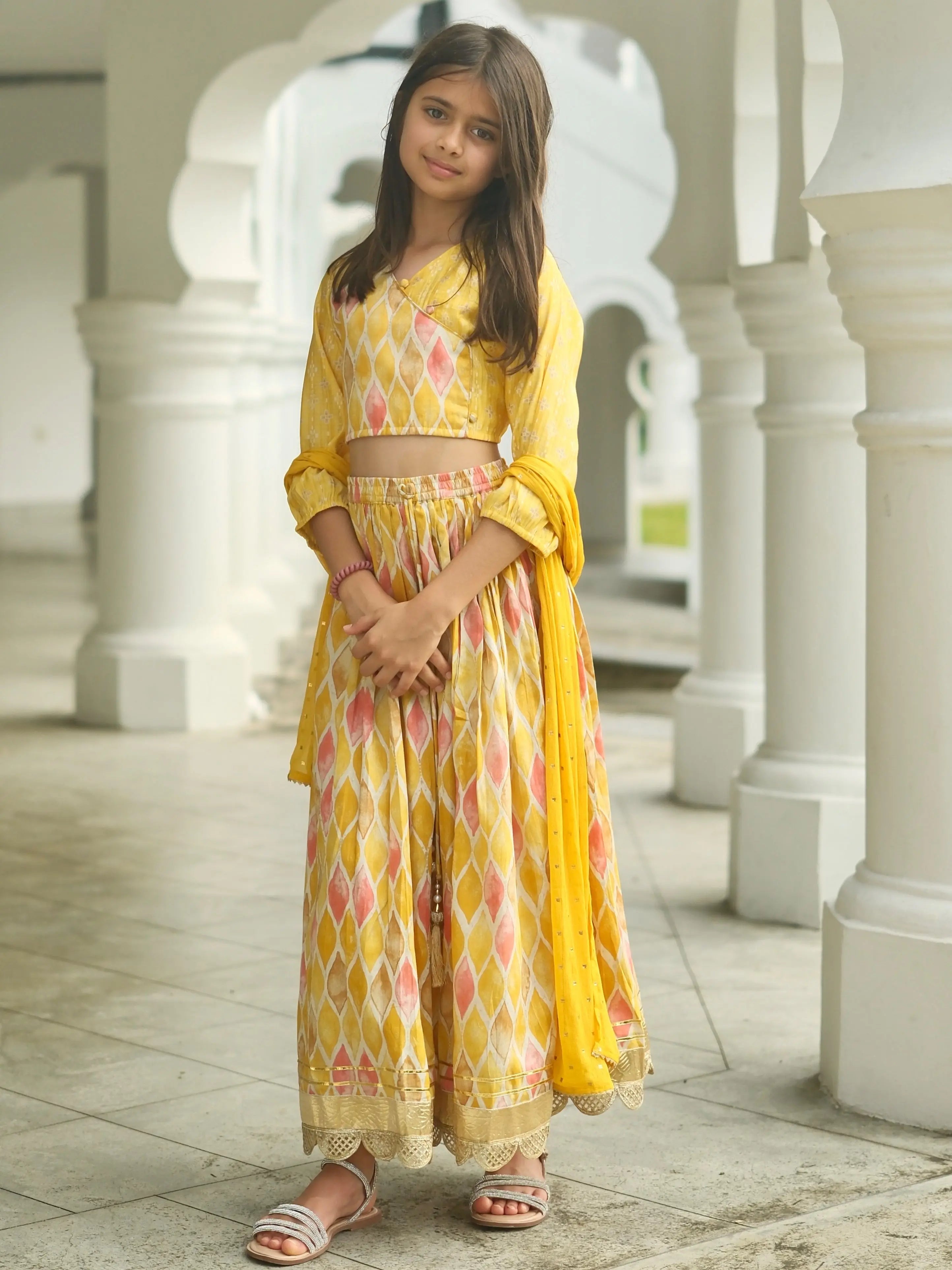 Rooh Mustard Girls Lehenga Choli Set with Dupatta in Muslin Cotton Nimbu