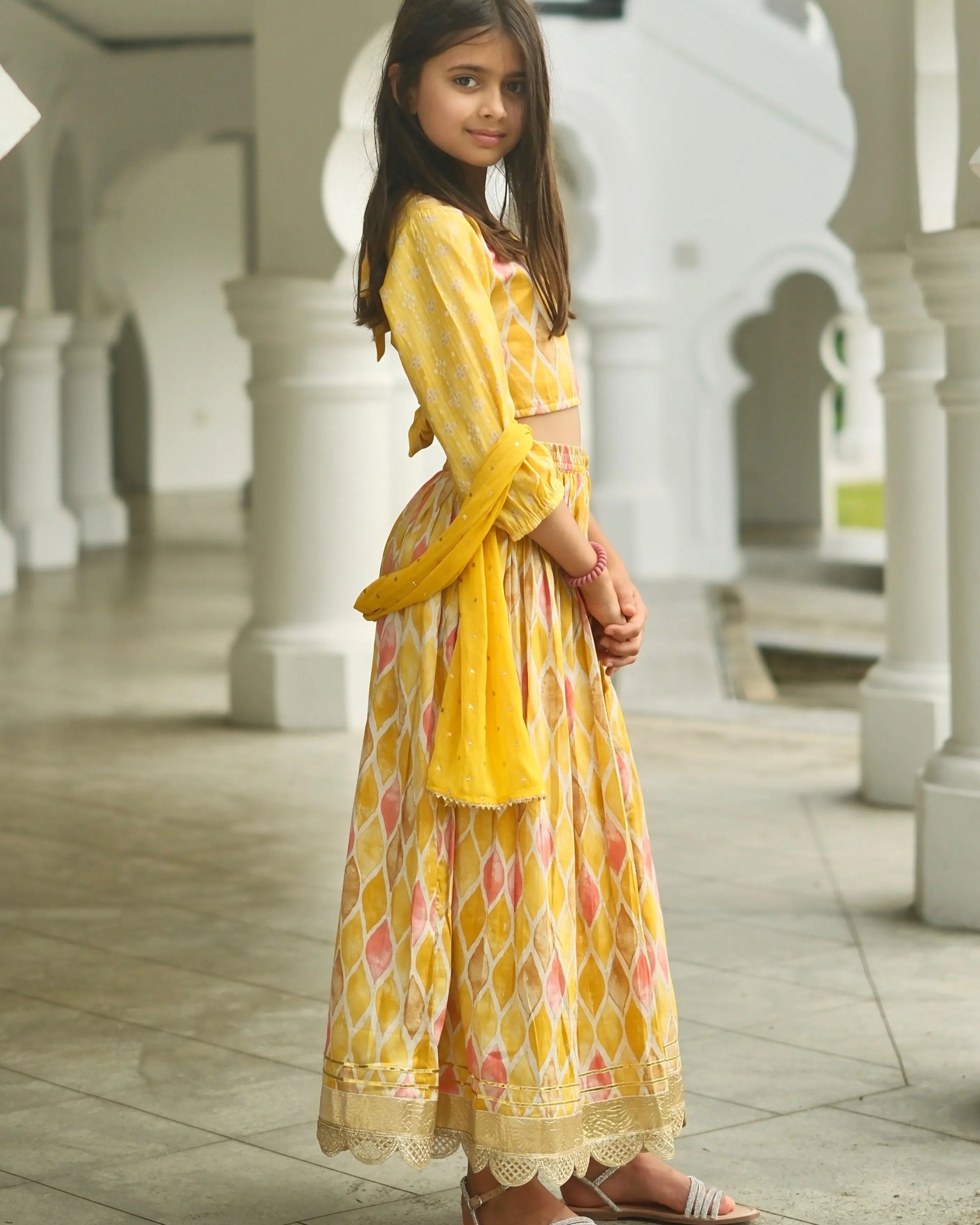 Rooh Mustard Girls Lehenga Choli Set with Dupatta in Muslin Cotton Nimbu