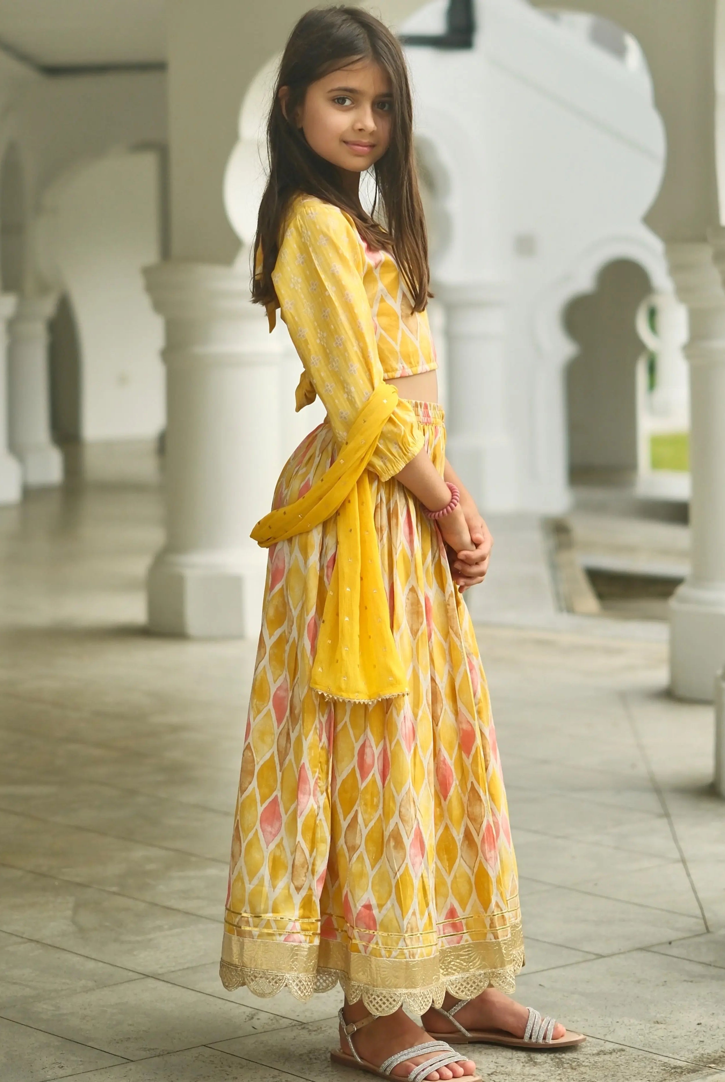 Rooh Mustard Girls Lehenga Choli Set with Dupatta in Muslin Cotton Nimbu