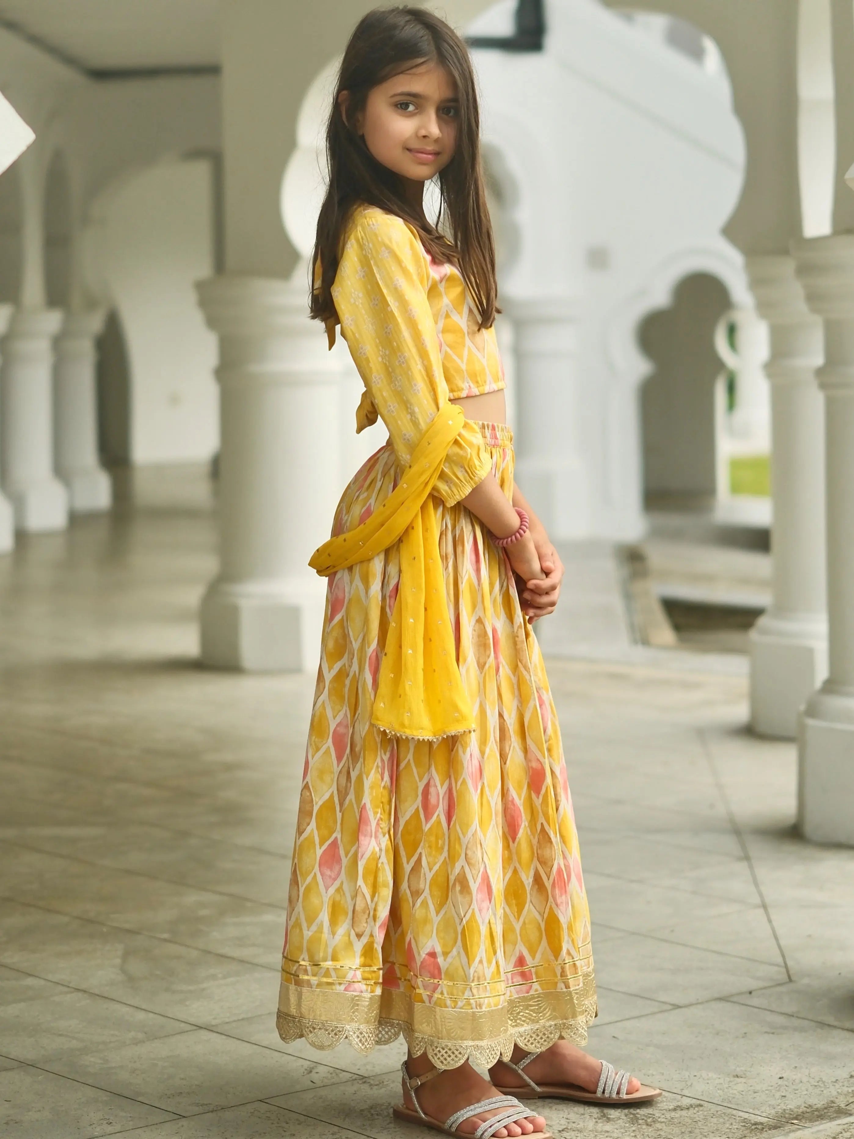 Rooh Mustard Girls Lehenga Choli Set with Dupatta in Muslin Cotton Nimbu