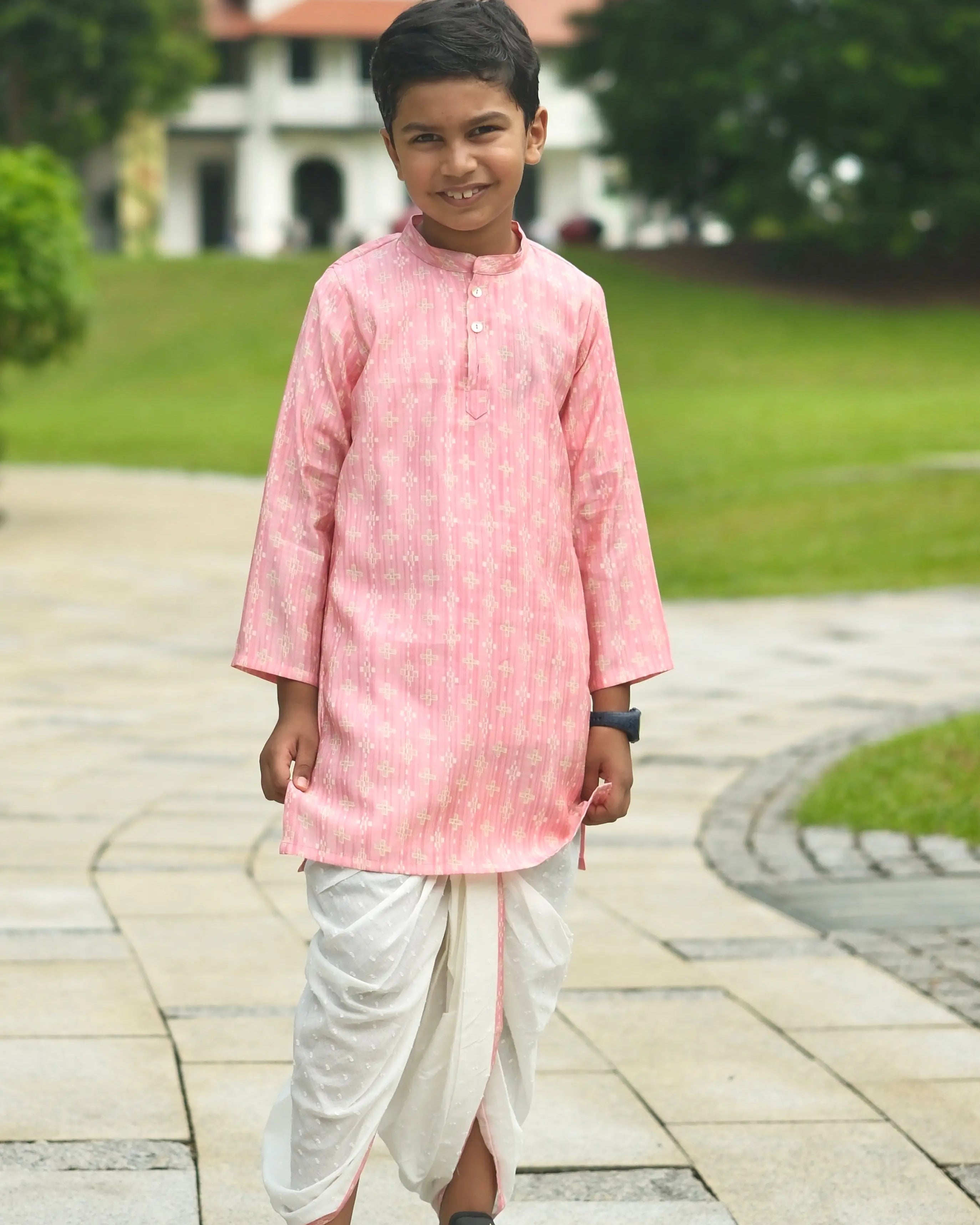 Rooh Pink Boys Kurta Dhoti in Muslin Cotton Nimbu