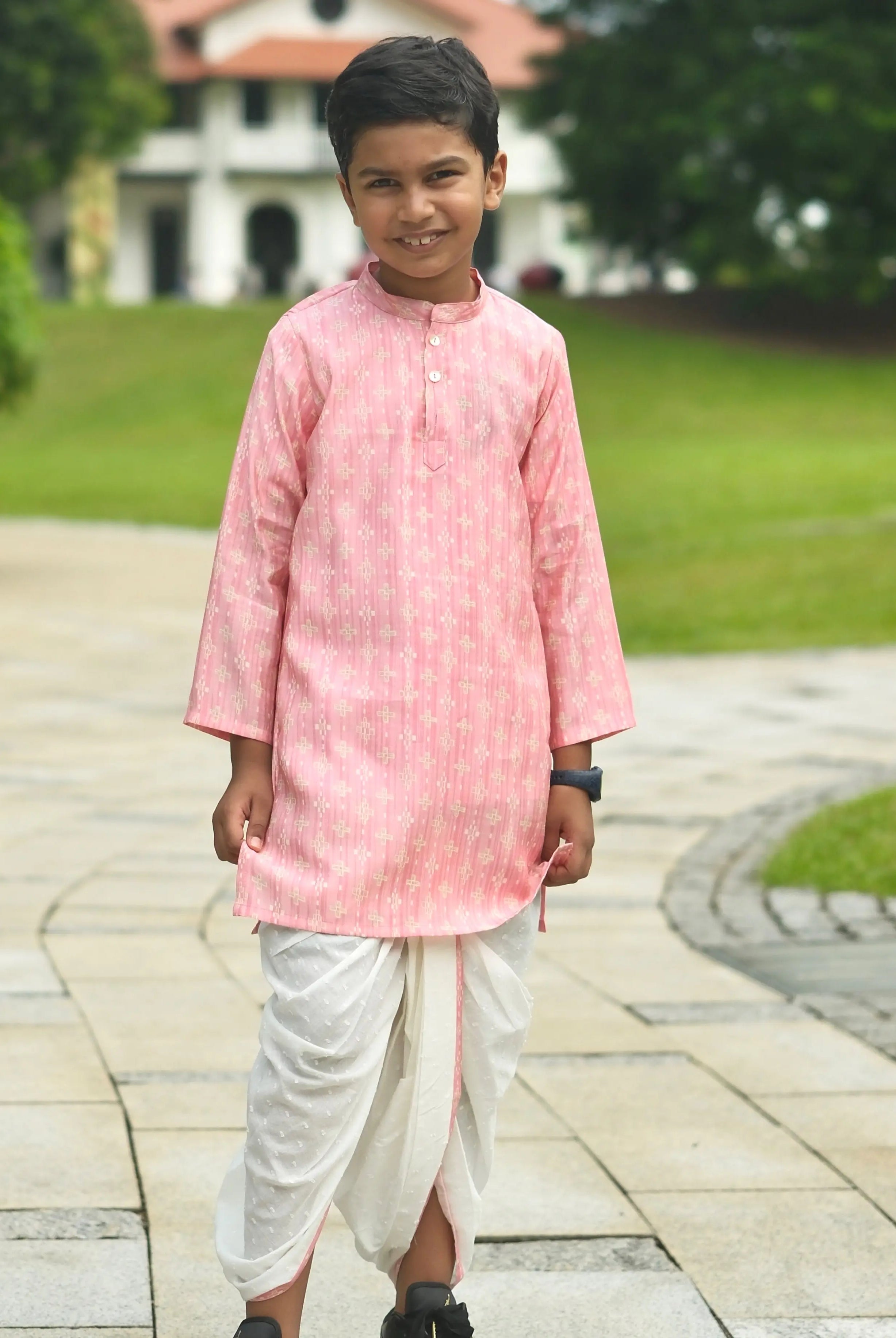 Rooh Pink Boys Kurta Dhoti in Muslin Cotton Nimbu