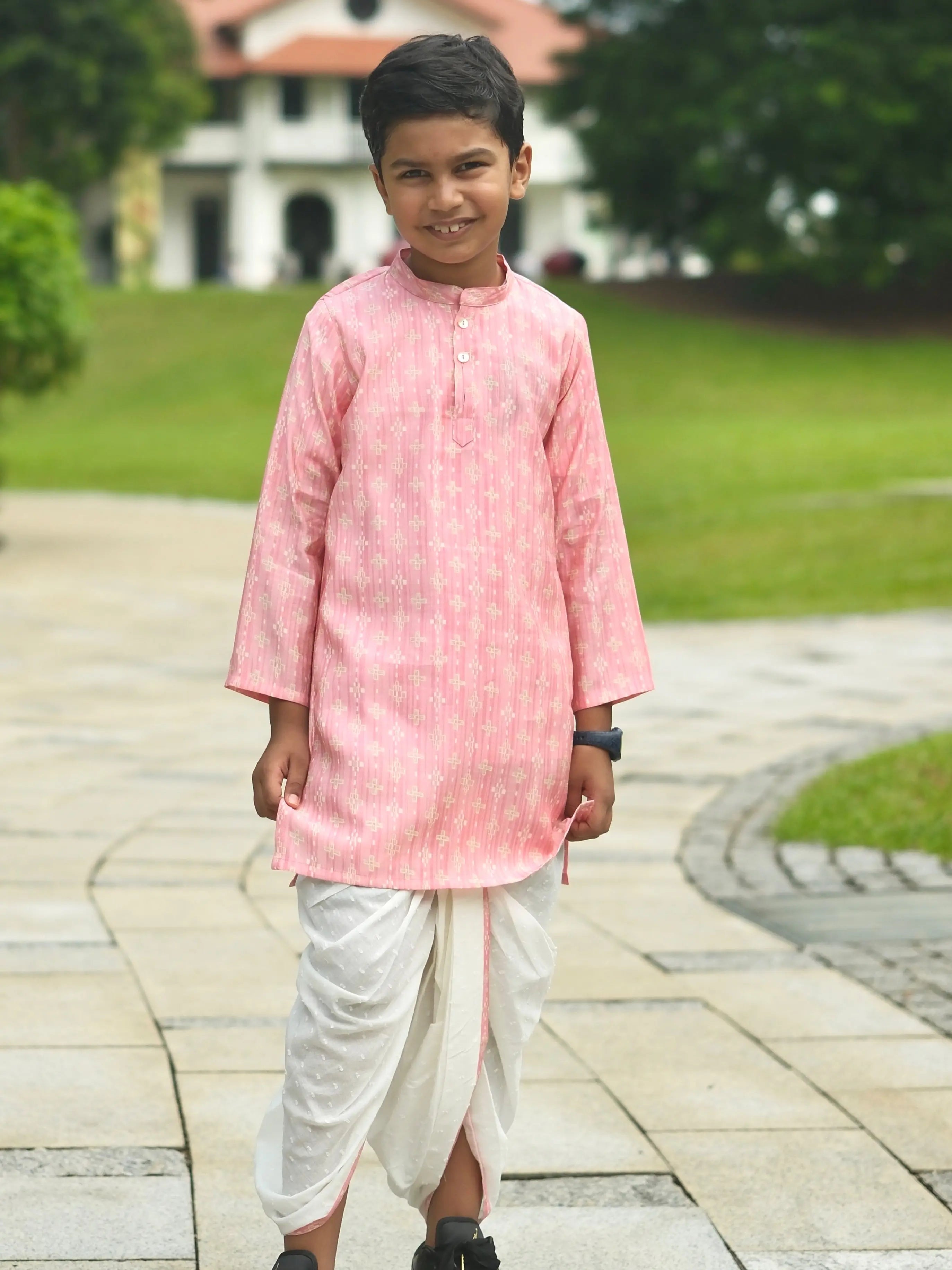 Rooh Pink Boys Kurta Dhoti in Muslin Cotton Nimbu