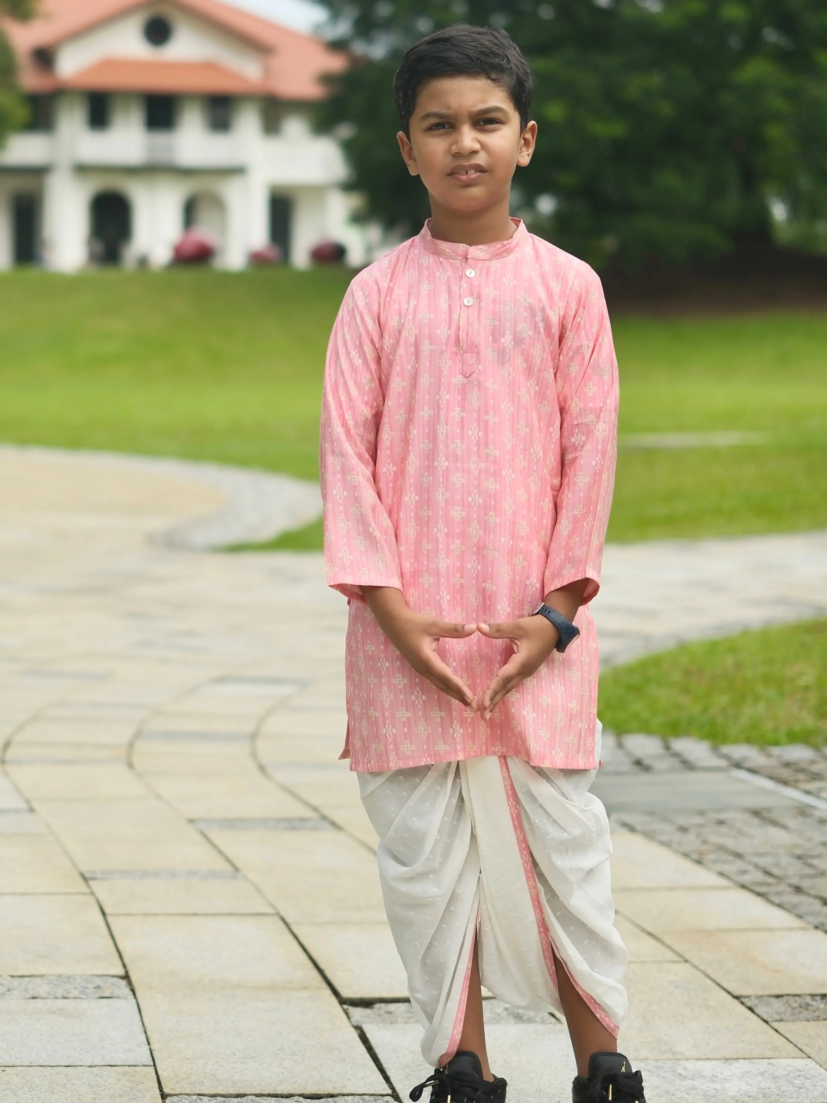 Rooh Pink Boys Kurta Dhoti in Muslin Cotton Nimbu