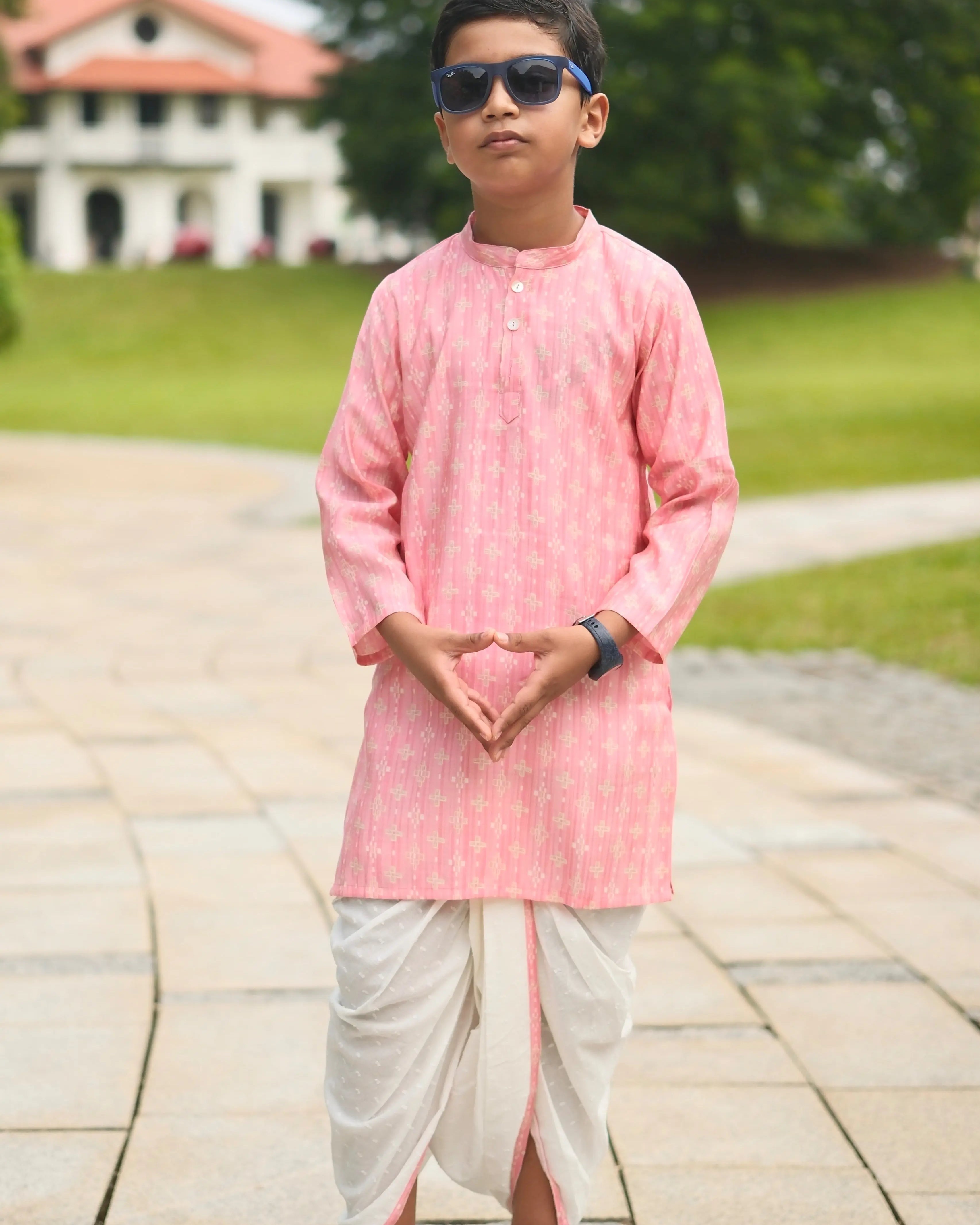 Rooh Pink Boys Kurta Dhoti in Muslin Cotton Nimbu